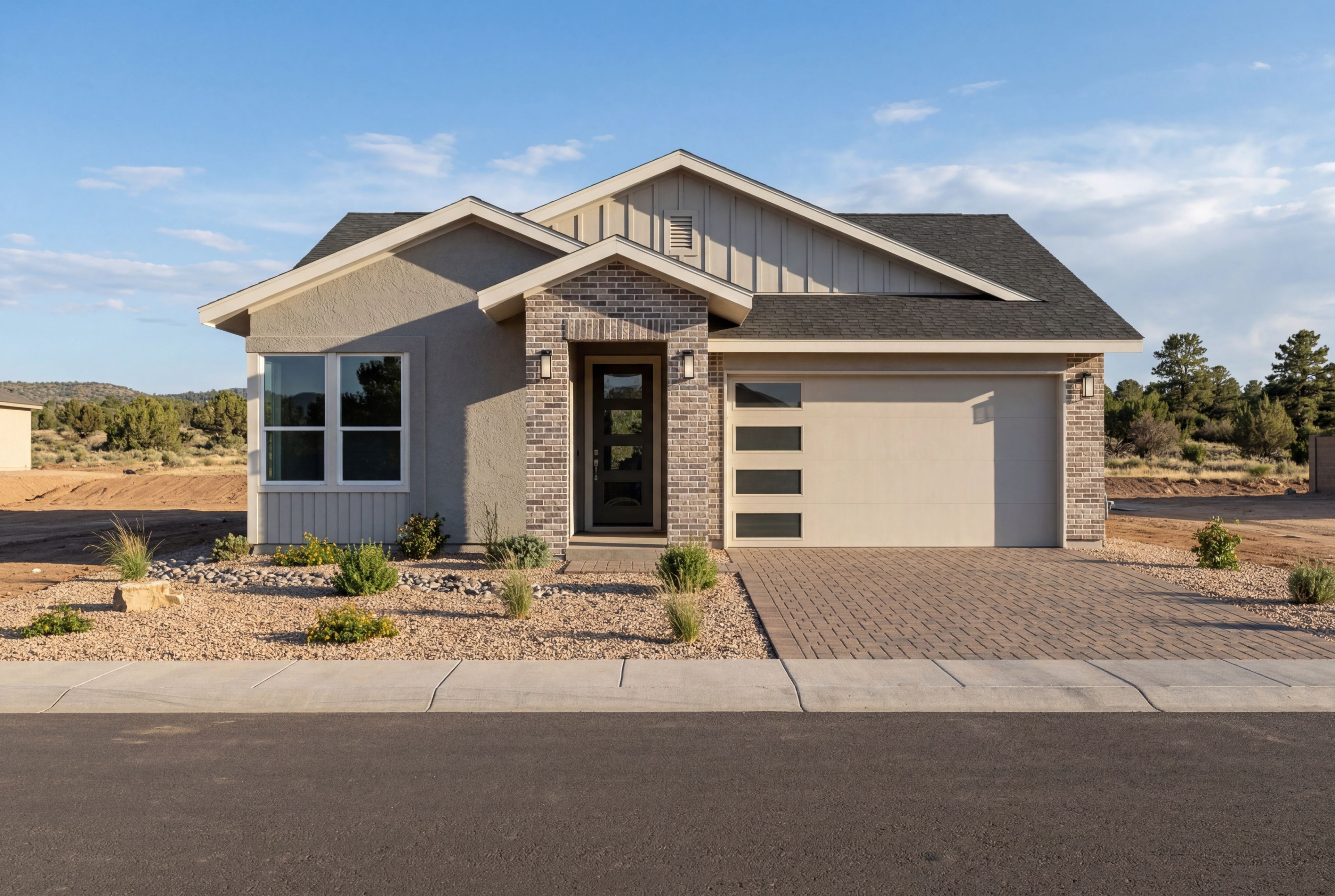 Modern exterior of The Boulder II by Davidson Homes in Prescott featuring brick accents, board-and-batten, and 3-car garage.