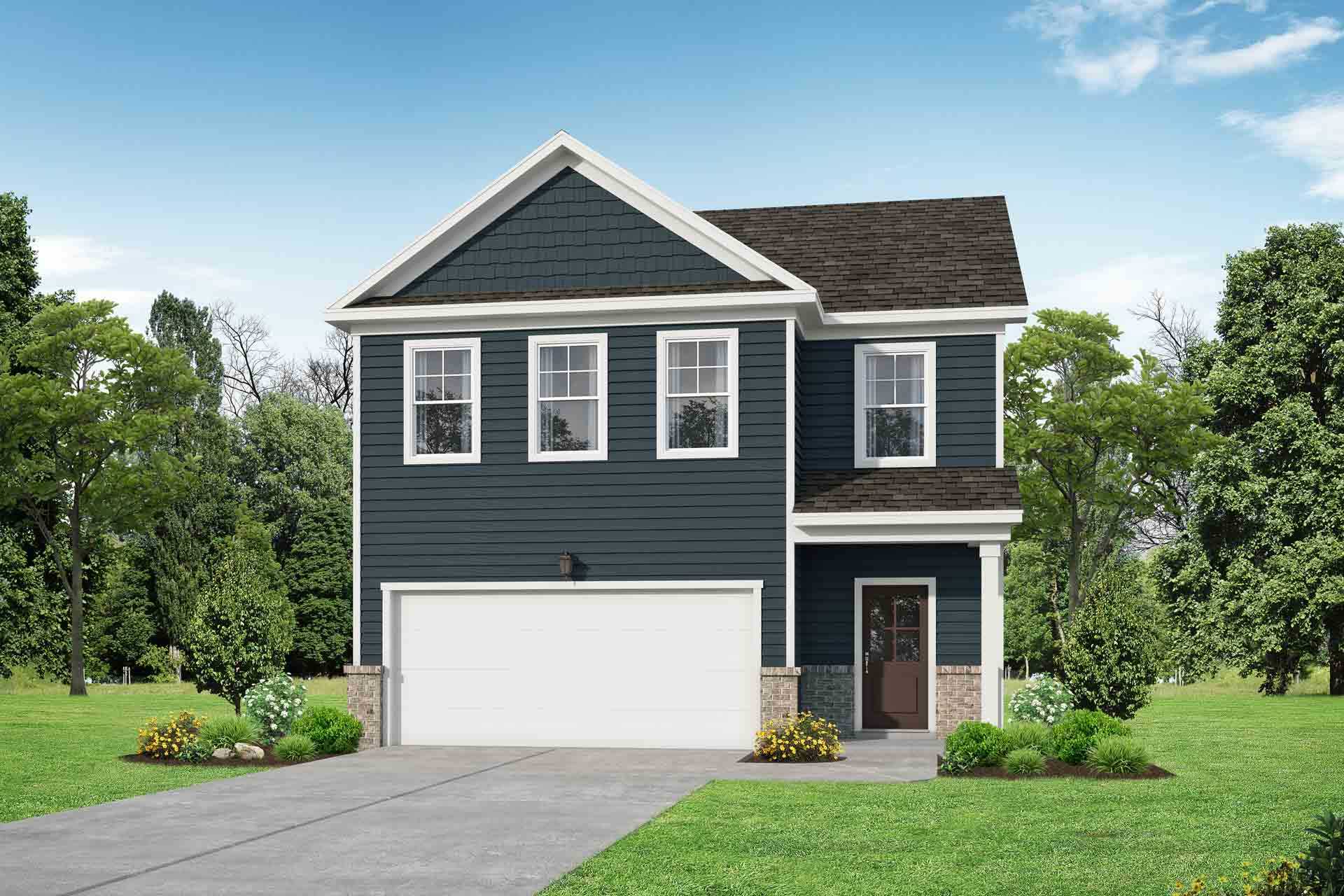 Two-story The Grayson B facade with navy blue siding, white trim, two-car garage, covered porch, and lush landscaped yard