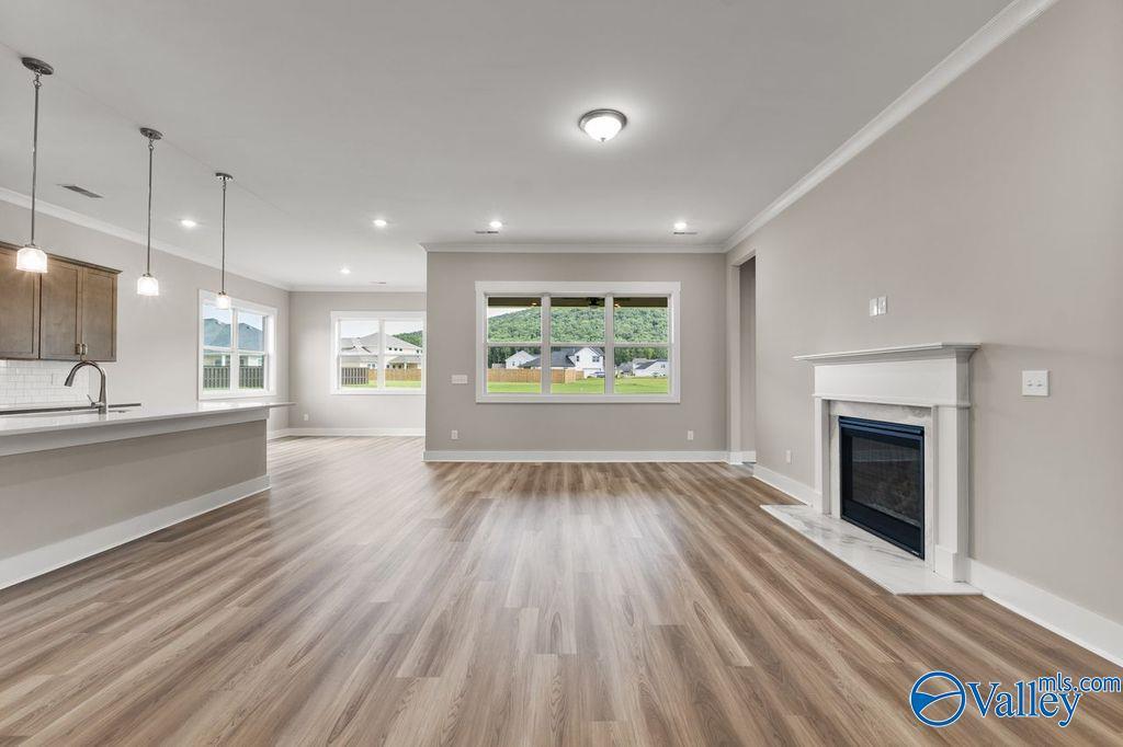 Open-concept living area with stone gas fireplace, hardwood floors, white kitchen cabinets, and large windows in The Oxford 5-bedroom home, Owens Cross Roads, Alabama