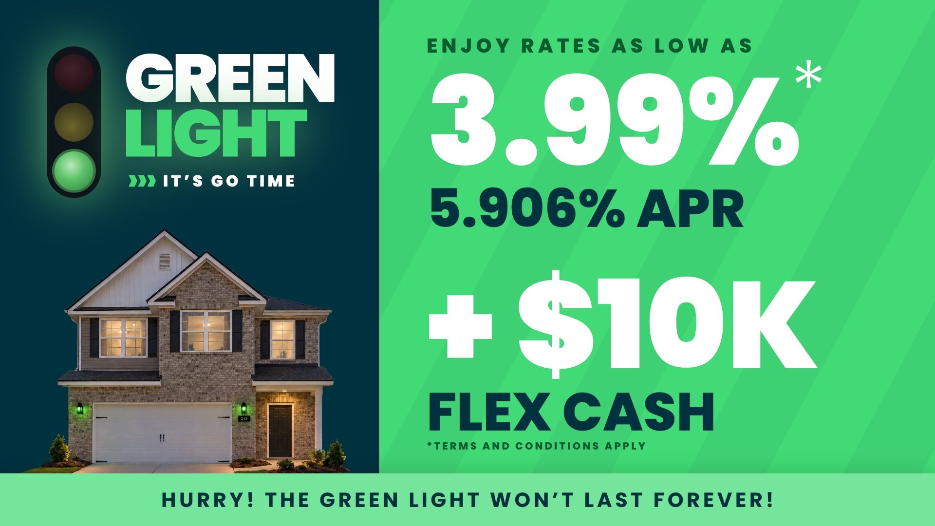 Green Light promo featuring new brick home exterior in Huntsville with twilight self-tours and low mortgage rates