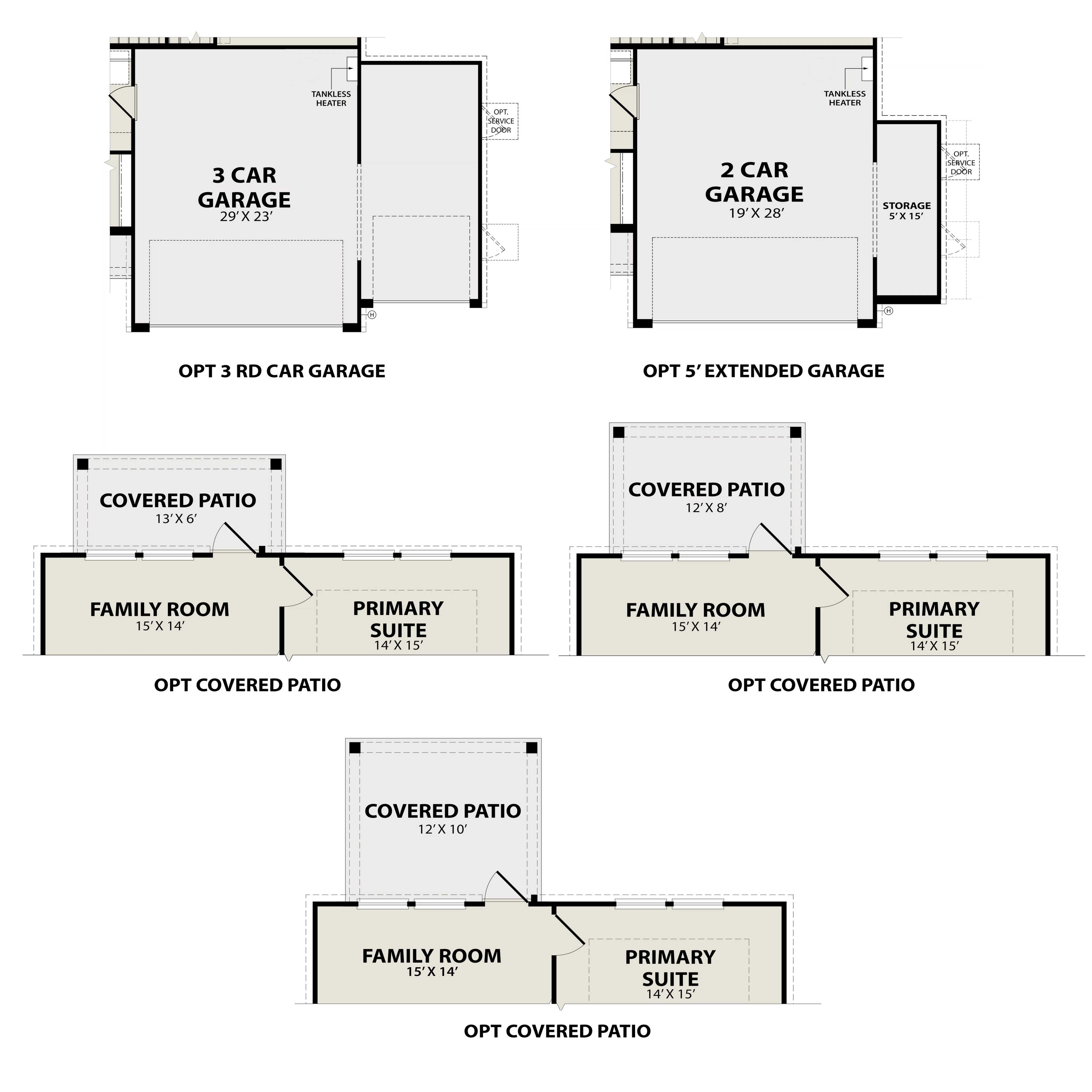 The Sabine E main floor plan variations featuring family room, primary suite, and optional covered patios