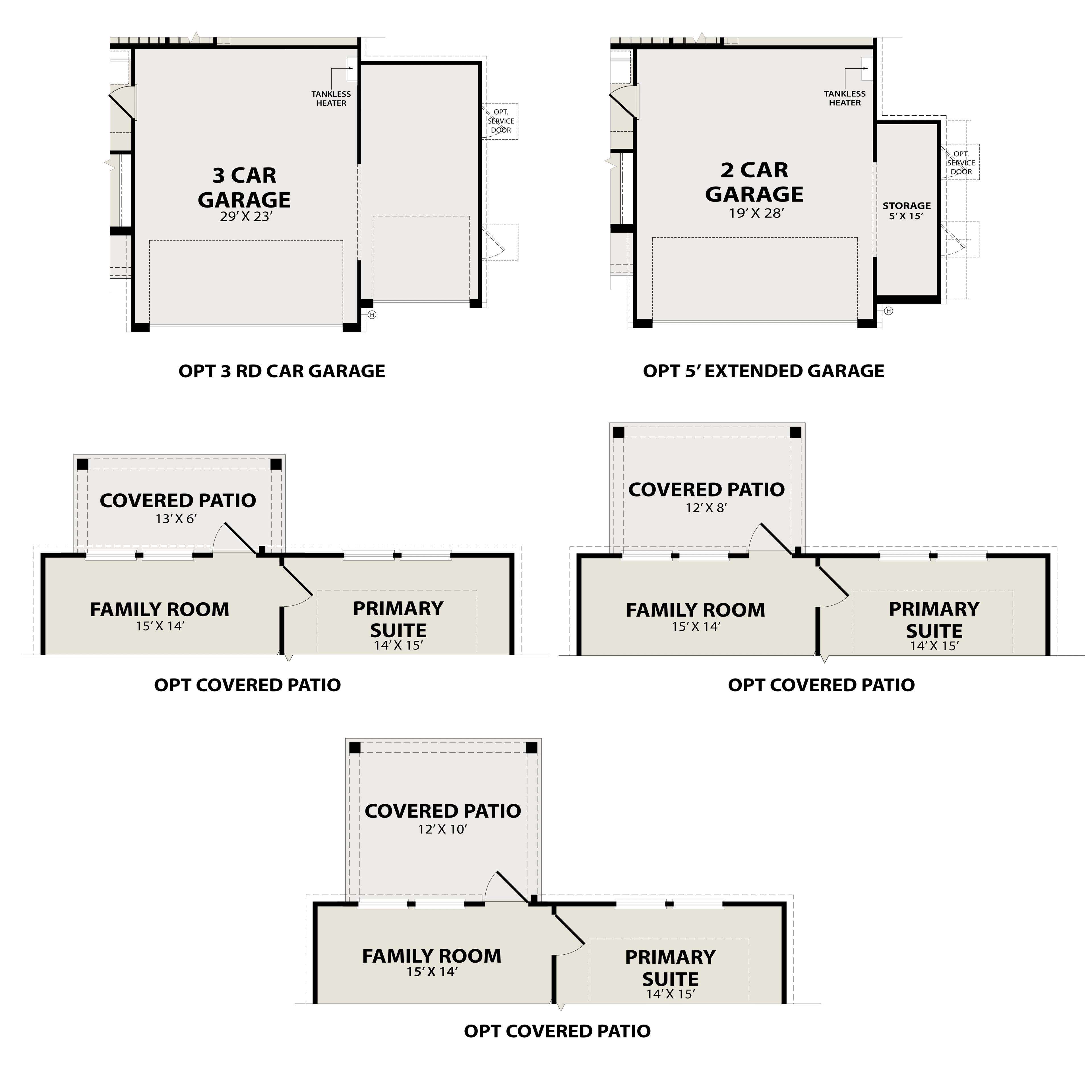 The Sabine E main floor plan variations featuring family room, primary suite, and optional covered patios