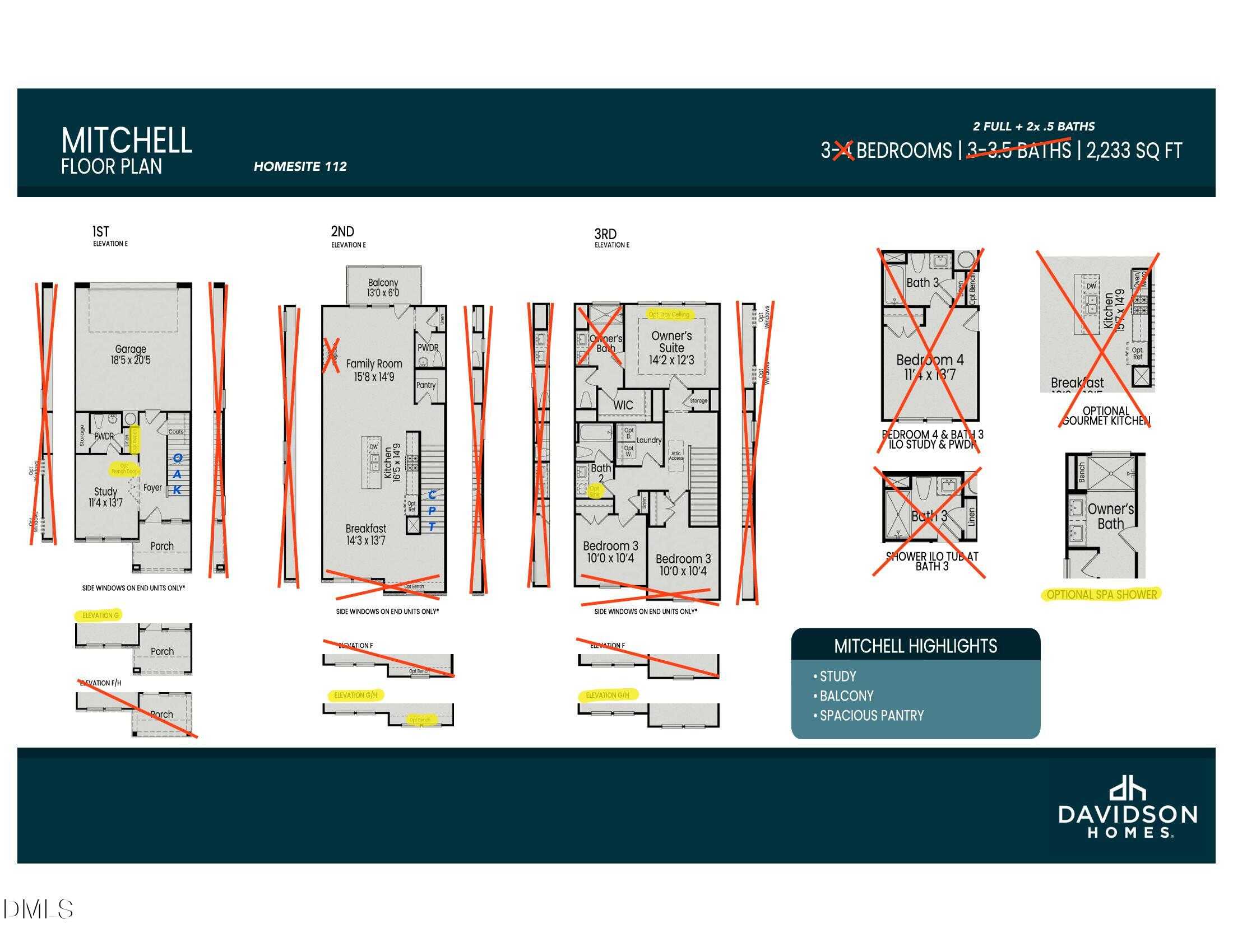 Three-story floor plan of The Mitchell Interior: 3 bedrooms, 3.5 baths, 2,233 sq ft, 2-car garage by Davidson Homes in Knightdale, NC
