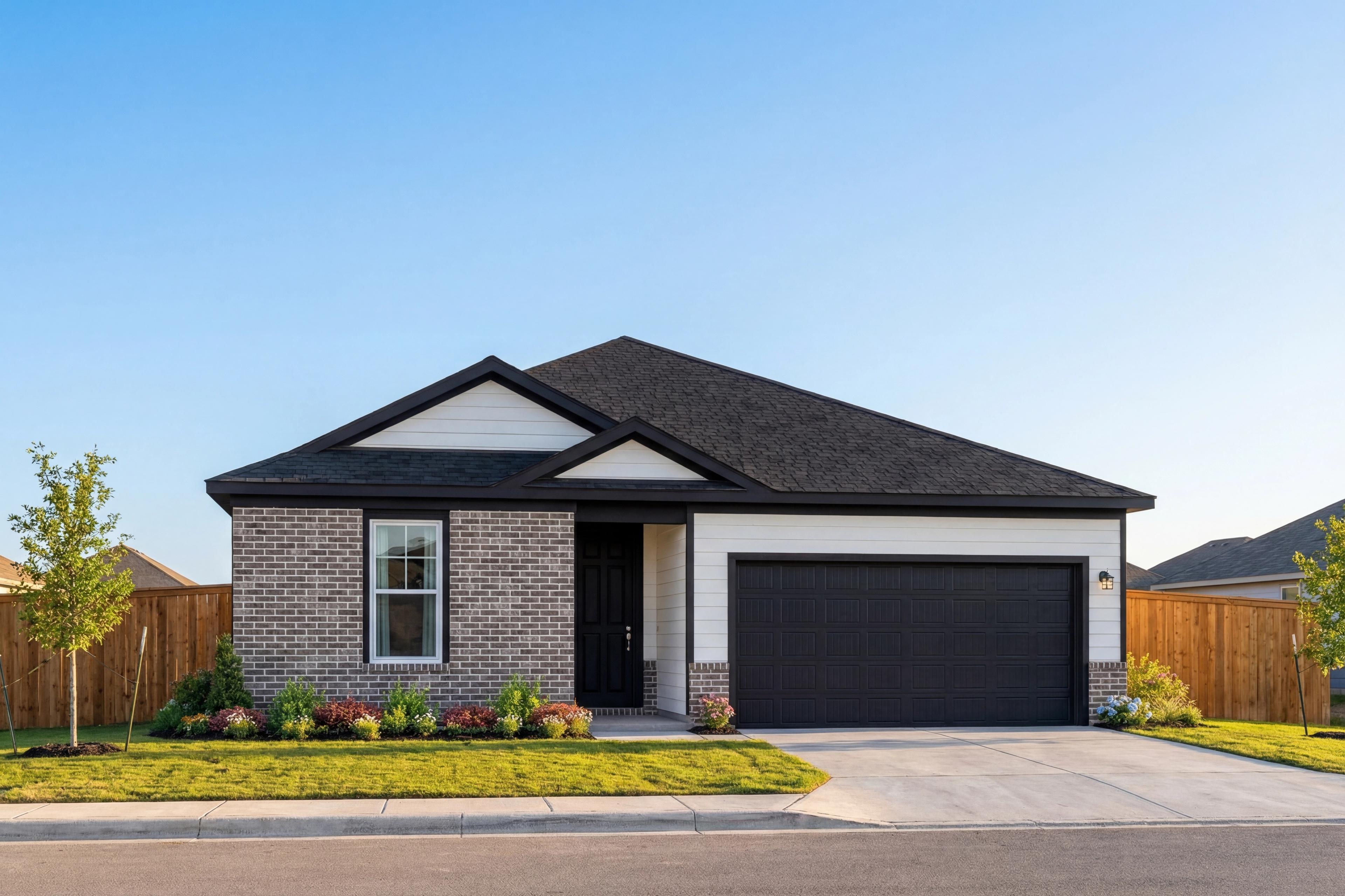 Modern one-story The Asheville home elevation with black roof, white siding, brick details, 2-car garage, and landscaped front yard in Seguin Texas