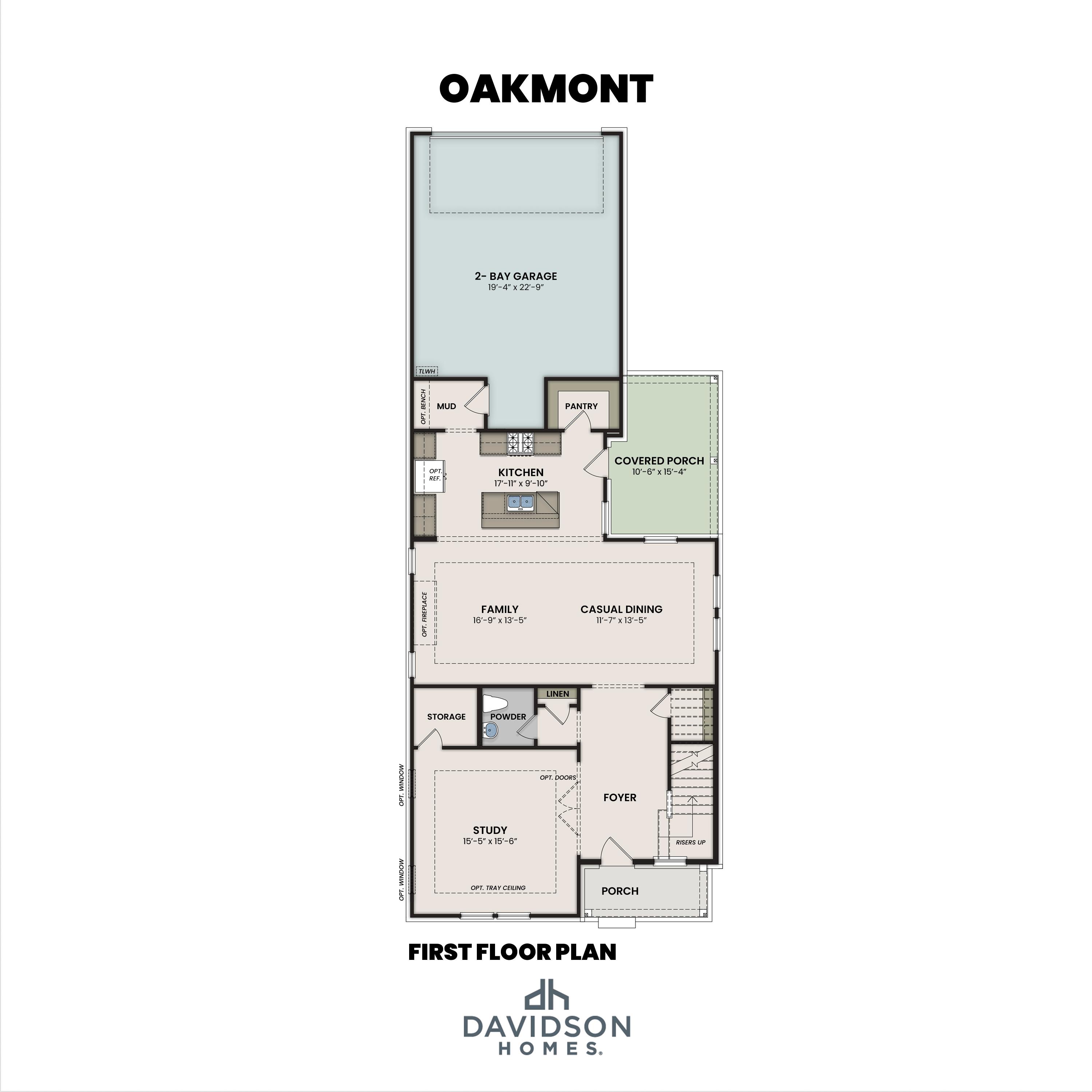 First floor layout of The Oakmont by Davidson Homes featuring a 2-car garage, gourmet kitchen, and open-concept living.