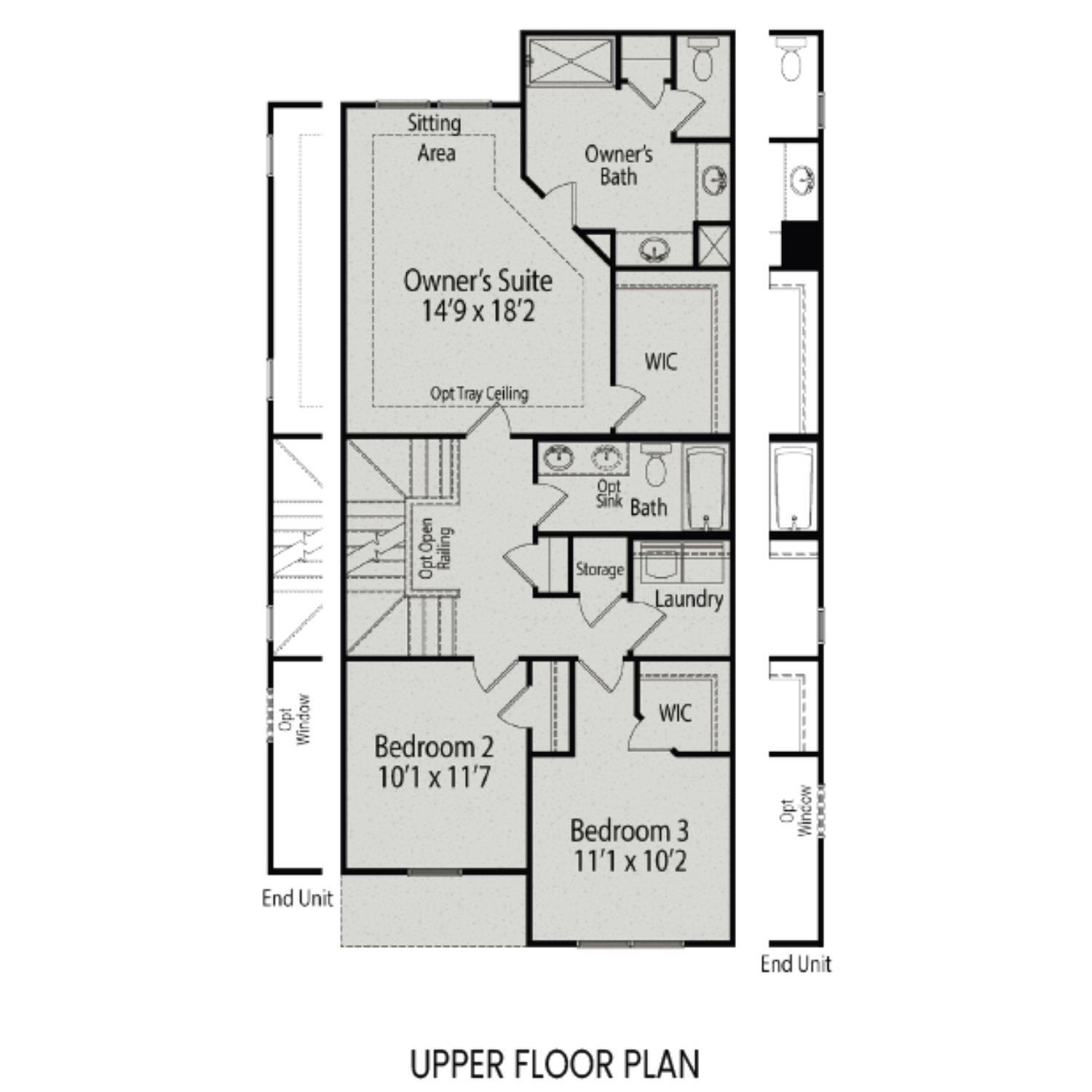 Upper floor plan of The Graham 3-bedroom multi-family home by Davidson Homes in Fuquay-Varina, NC, featuring owner's suite 149x182, bedrooms 101x117 and 111x102