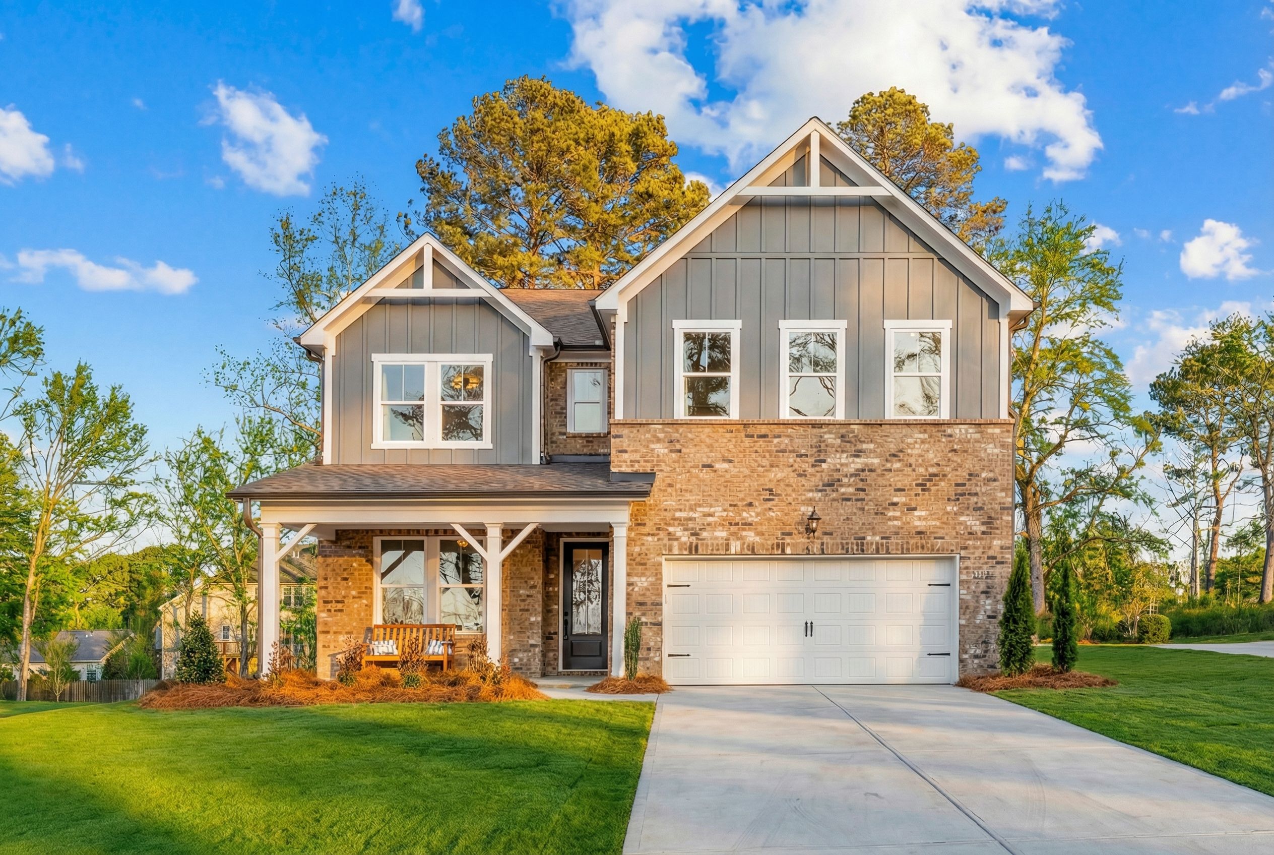 Modern craftsman home exterior at Fern Hollow in Buford, GA with gray siding, brick base, covered porch swing, and landscaped yard