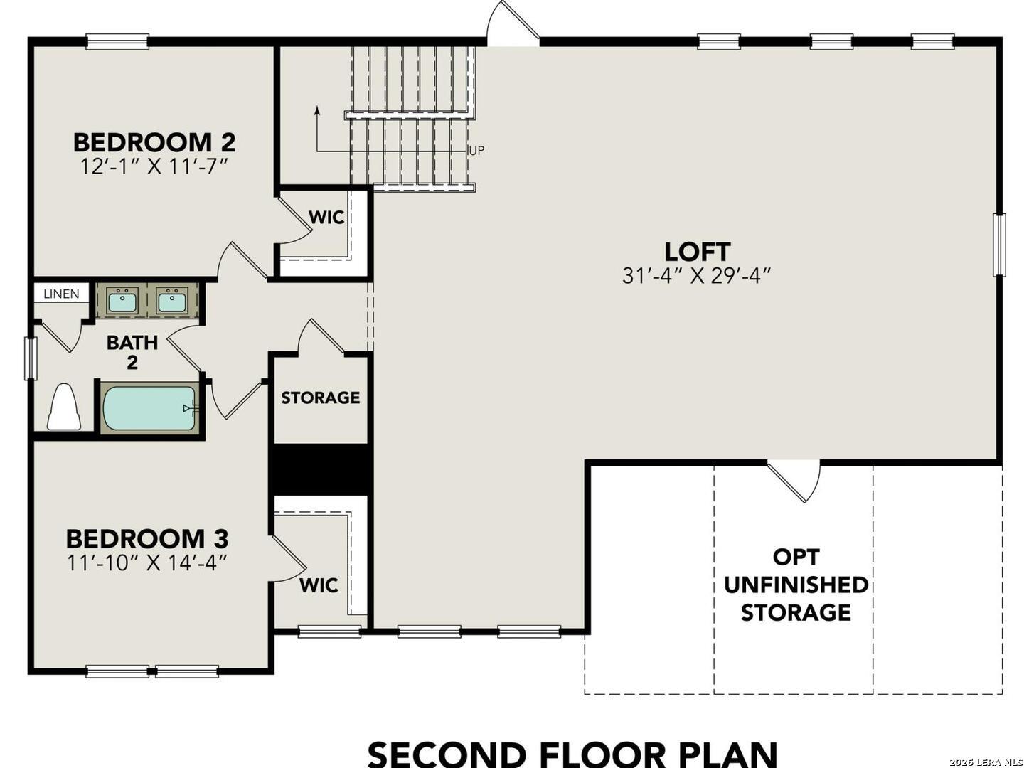 Second floor plan featuring a spacious loft, two bedrooms, and full bath in Davidson Homes Belmont H model, Castroville.