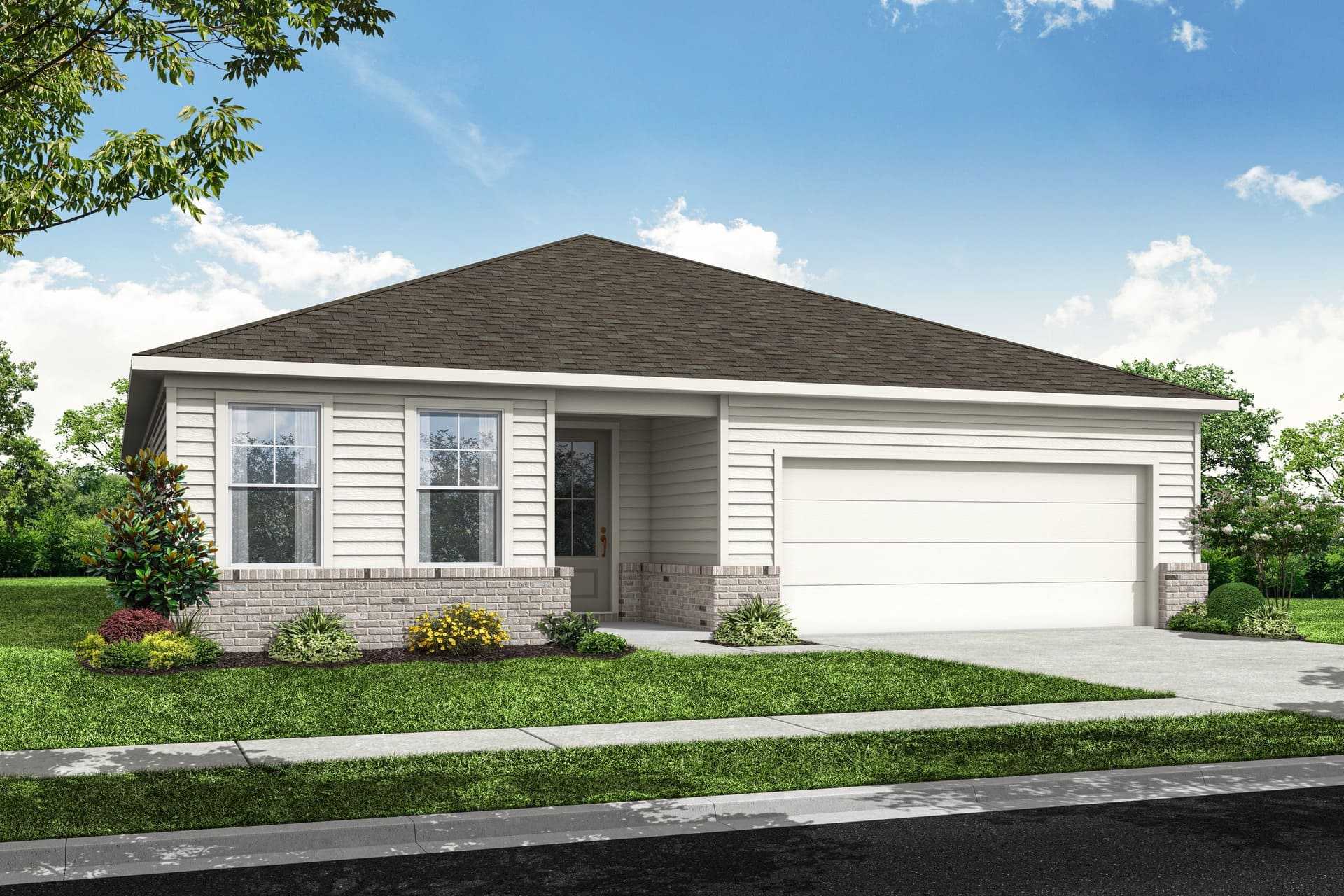 Single-story The Edison C home elevation by Davidson Homes in Loganville GA featuring beige siding, brick accents, two-car garage, and lush front yard landscaping