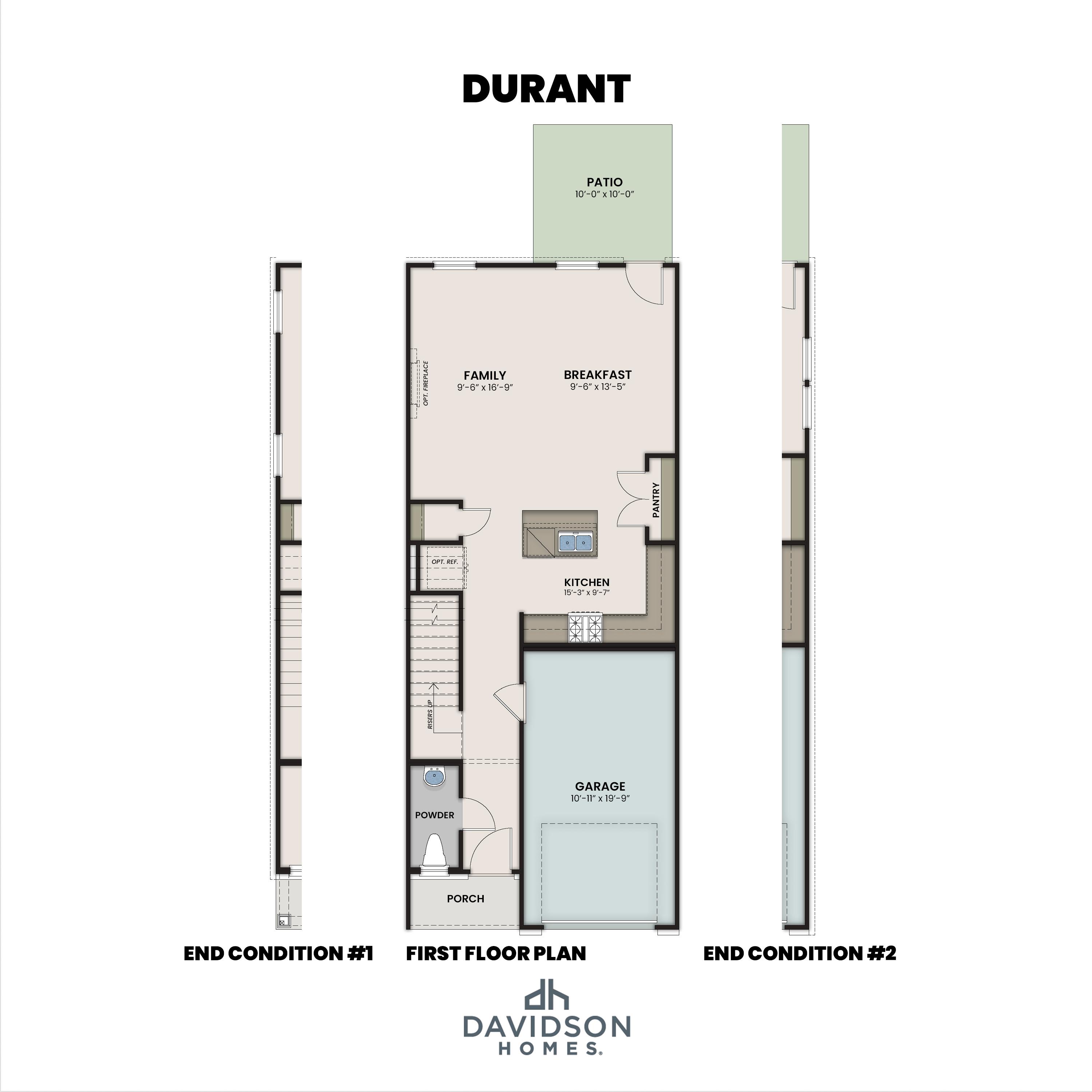 First floor layout of The Durant featuring an open-concept kitchen, family room, and 1-car garage in Lillington, NC.