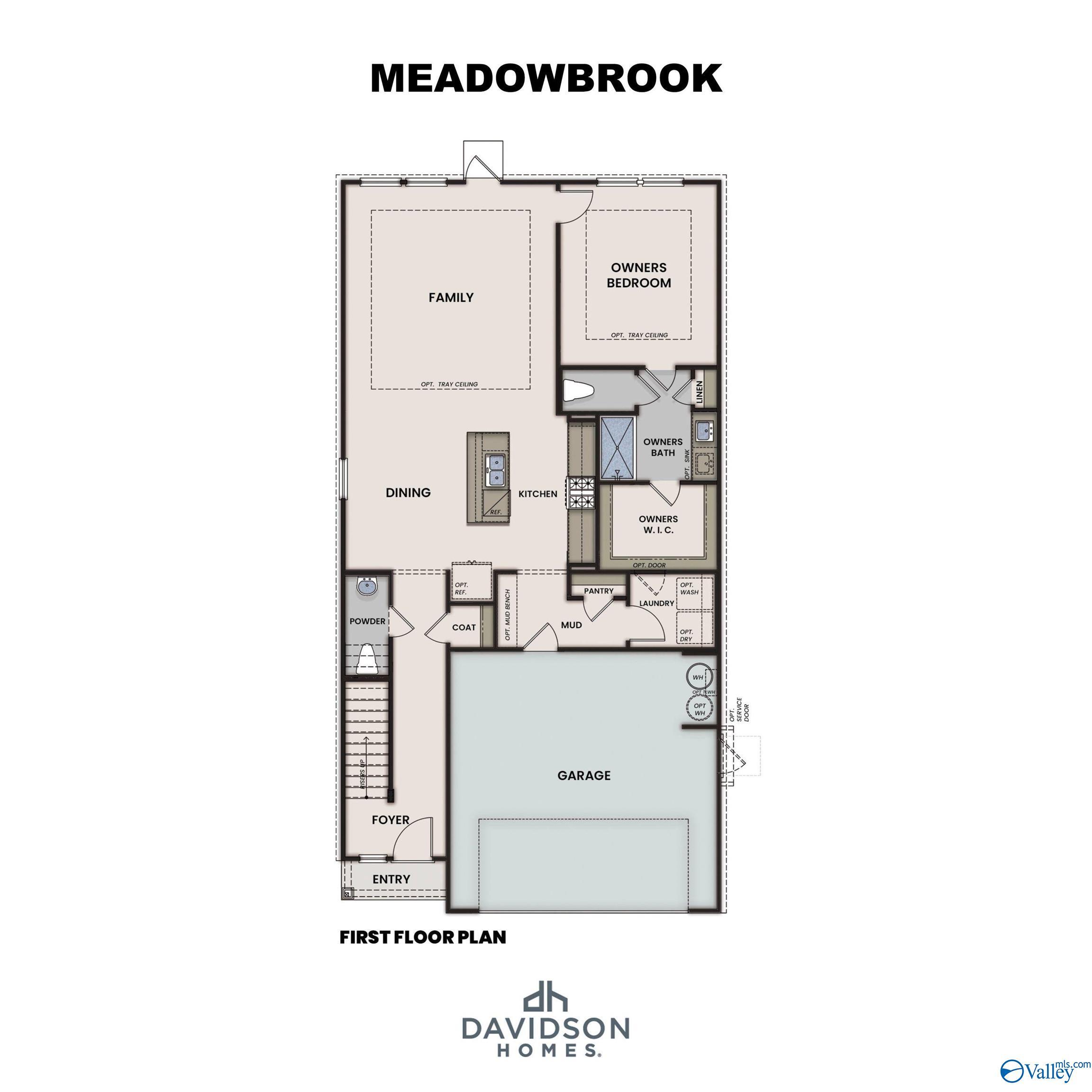 First floor plan for Meadowbrook C floor plan by Davidson Homes in Spragins Cove, Huntsville, Alabama.