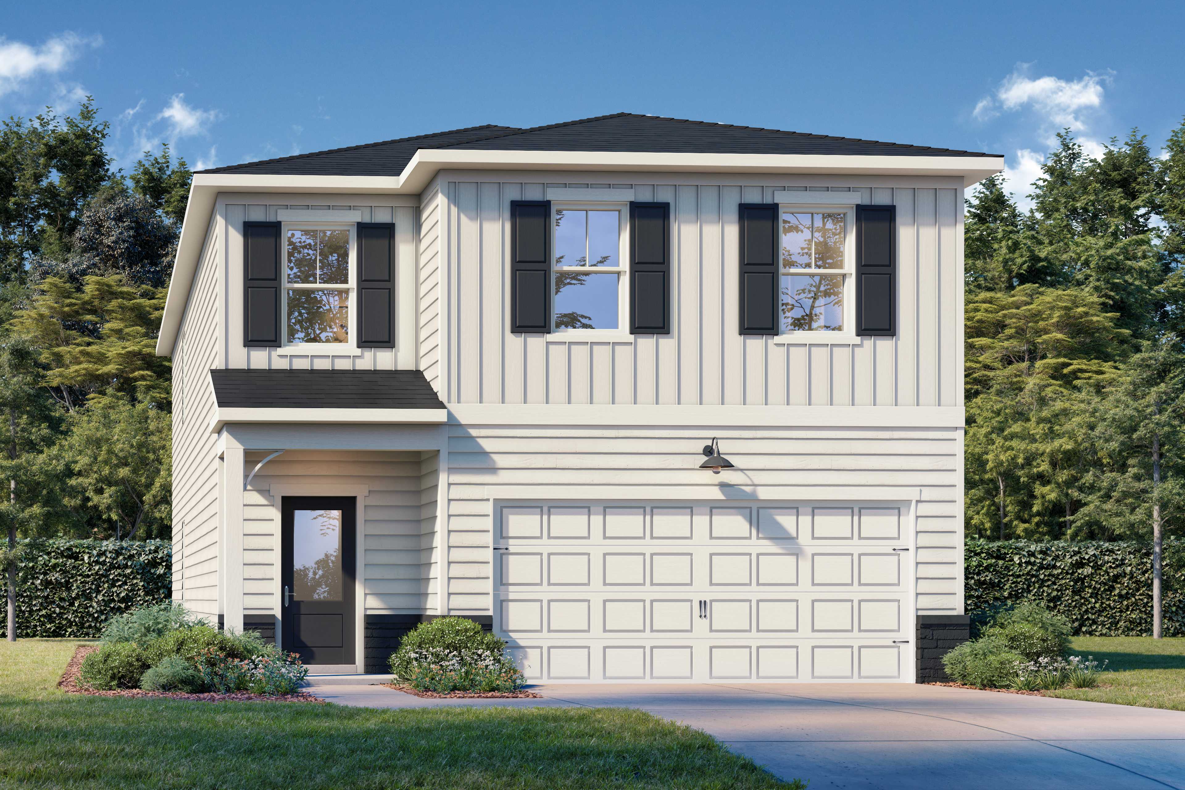 Two-story Rabun A home elevation with white board-and-batten siding, black shutters, and two-car garage in Canton, GA