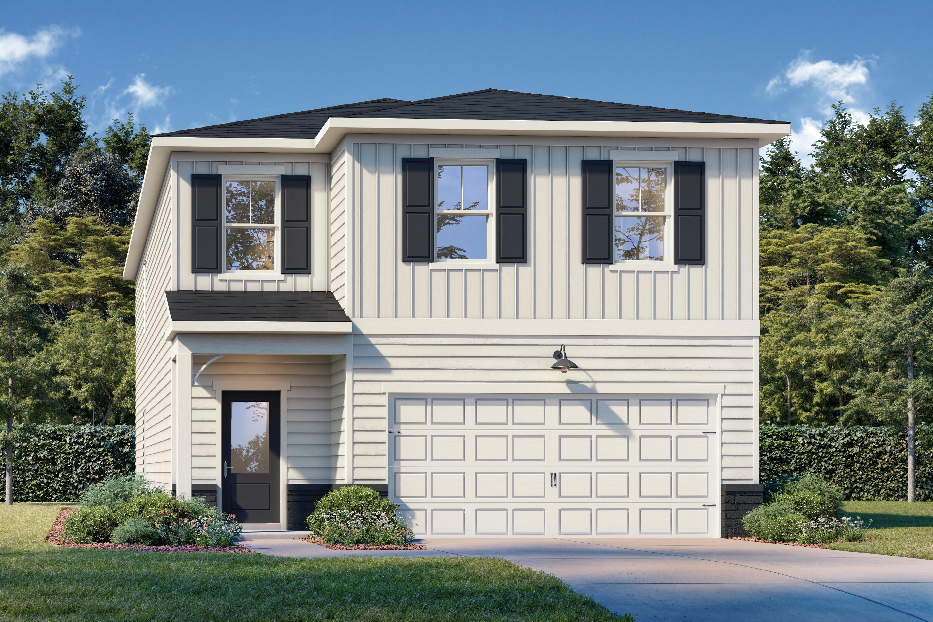 Two-story Rabun A home elevation with white board-and-batten siding, black shutters, and two-car garage in Canton, GA