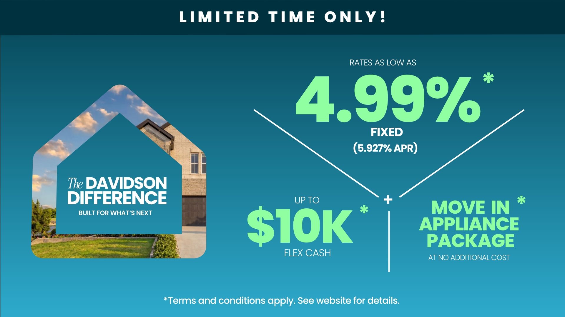 Blue plaid banner with Welcome Home title, announcing rates as low as 1.99% mortgage for Houston new homes
