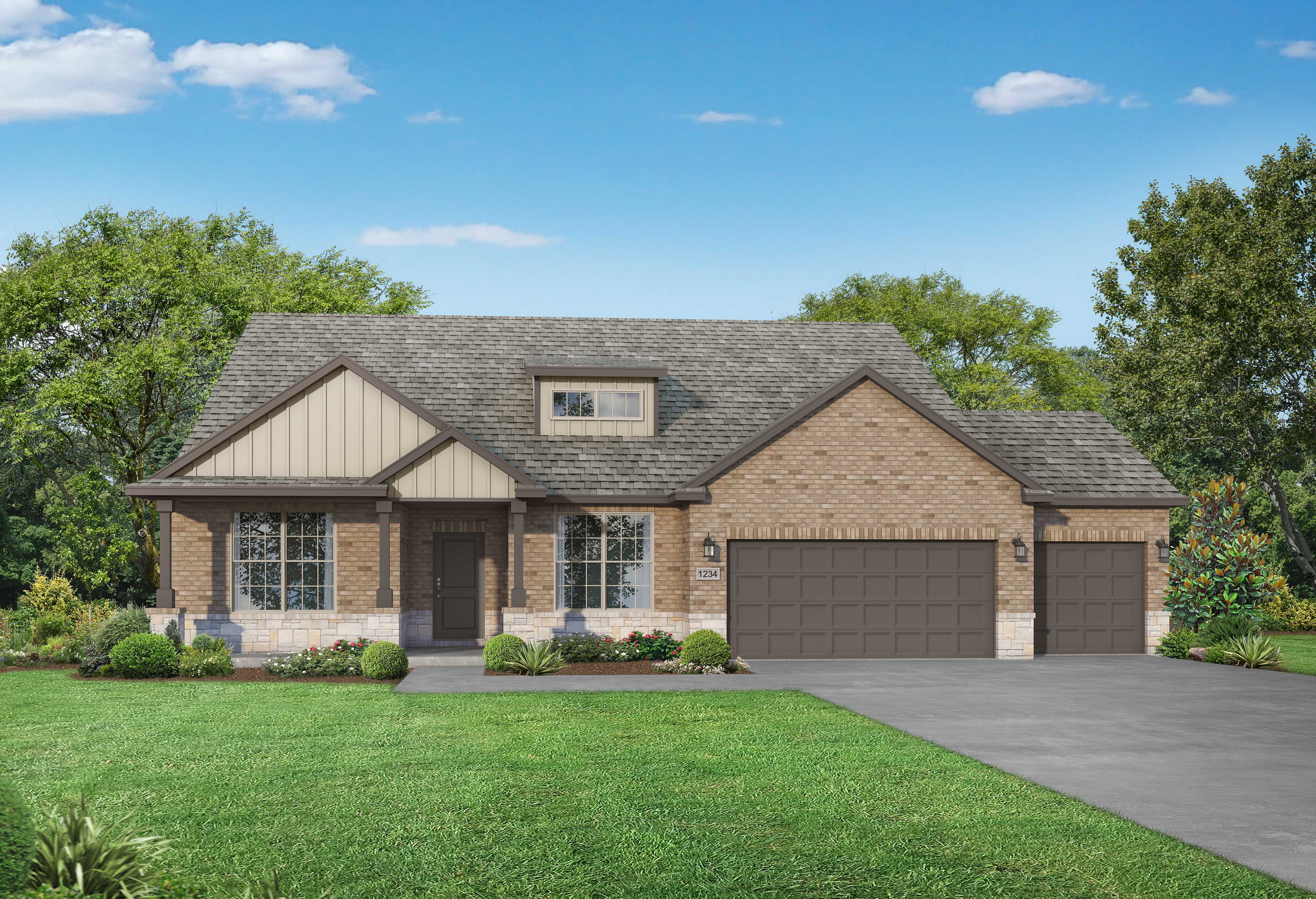 Two-story Harrison C home elevation by Davidson Homes in Josephine Texas, brick and siding exterior with three-car garage and front porch