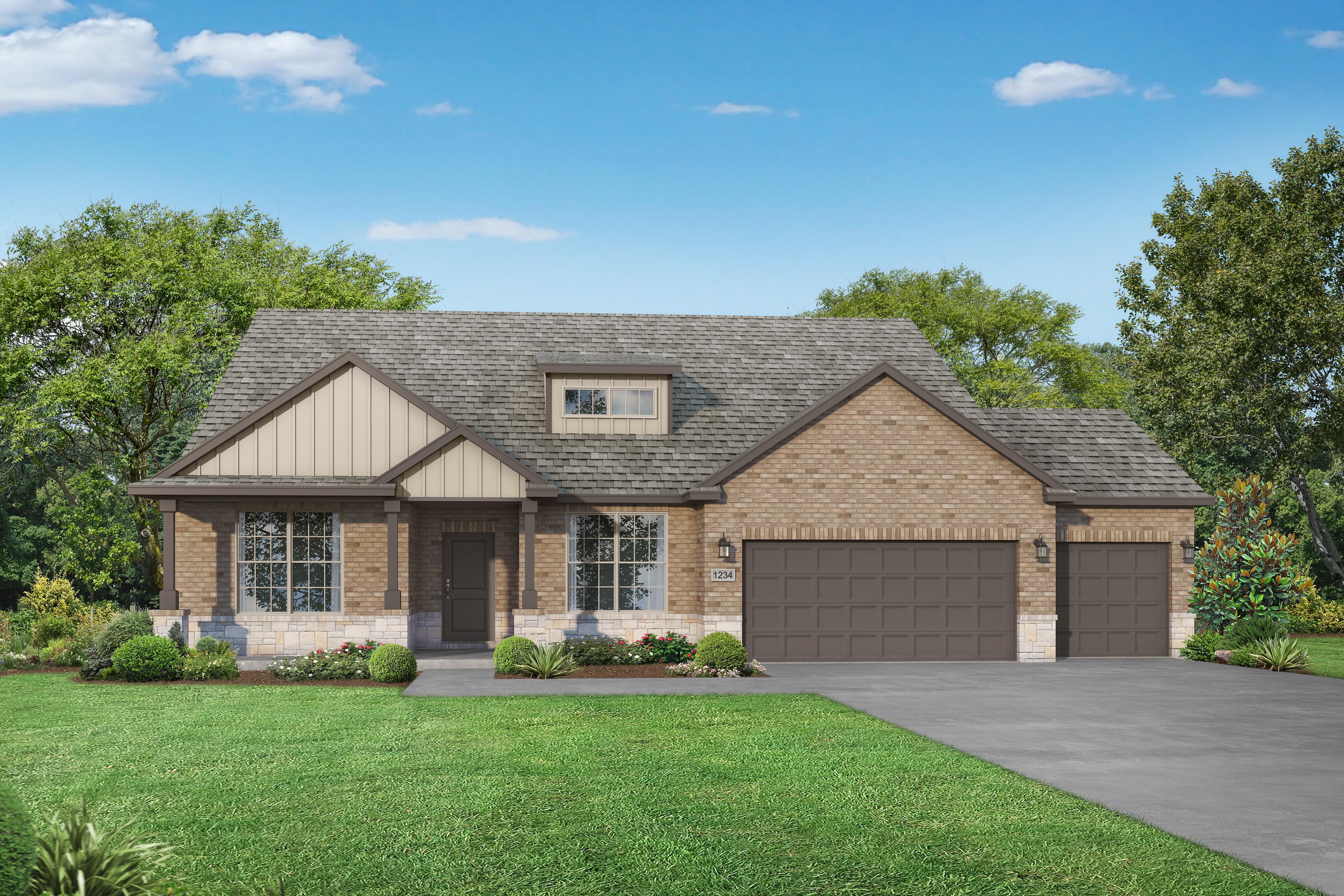 Two-story Harrison C home elevation by Davidson Homes in Josephine Texas, brick and siding exterior with three-car garage and front porch