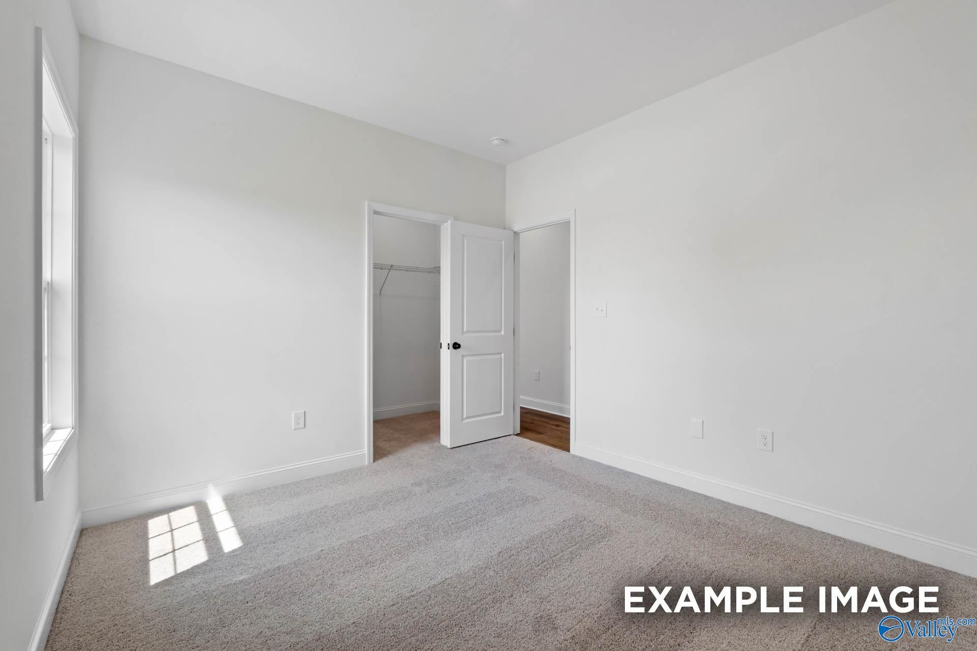 Bright bedroom with neutral carpet and walk-in closet in The Rockford B floor plan by Davidson Homes in Briercreek.