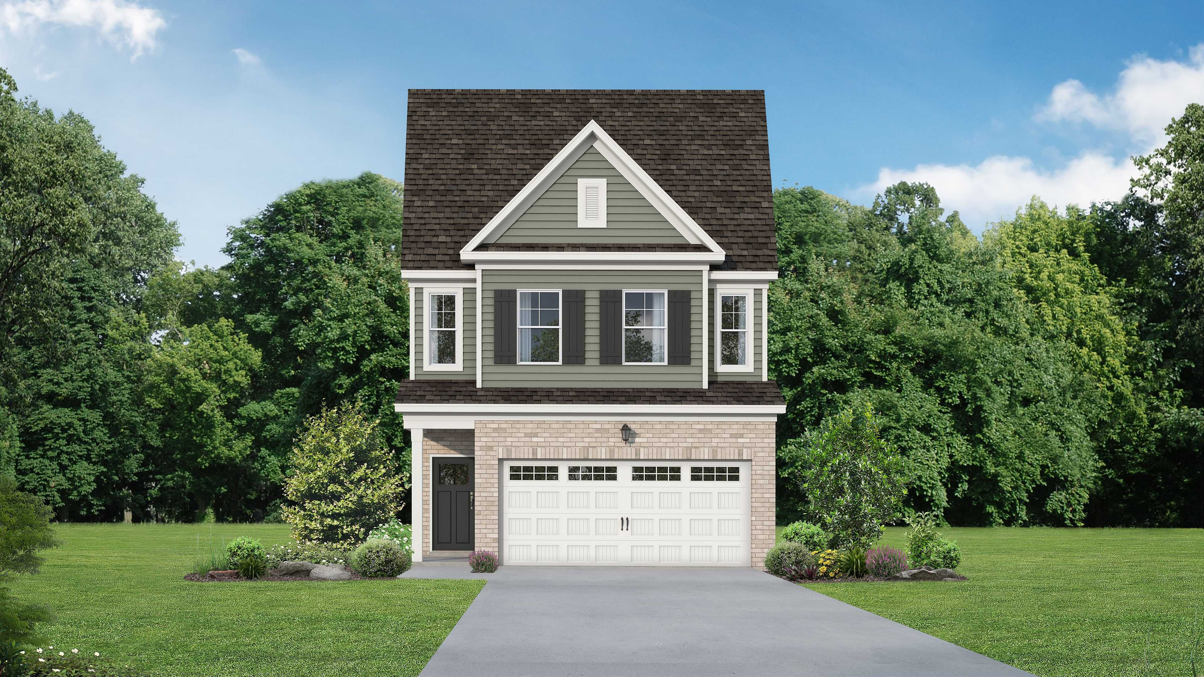 Two-story Durham D home exterior with gabled roof, brick accents, 2-car garage, and lush landscaping in Wylie, Texas