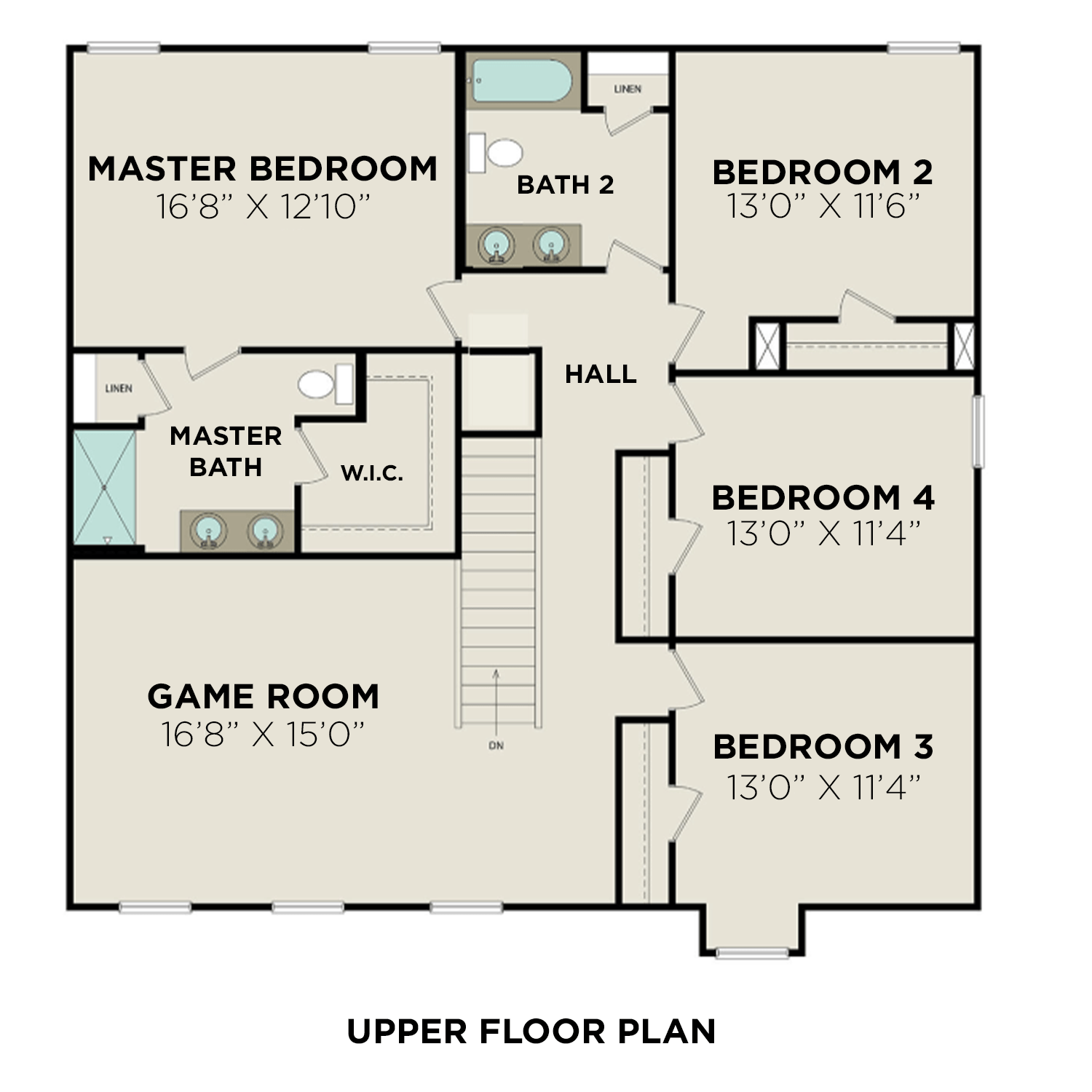 Two-level floor plan of The Charleston 4-bedroom home featuring master suite, game room, bedrooms 2-4, baths, and hall