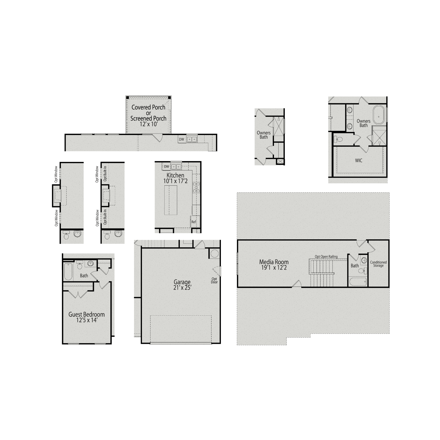 The Hickory II A floor plan by Davidson Homes: 2-story 4-5 bedroom layout with 2-car garage, open kitchen, media room, and upper master suite in Lillington NC