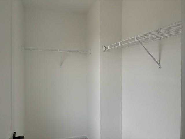 Spacious empty walk-in closet with white wire shelving and hanging rods in Davidson Homes The Rabun C, Winder, GA