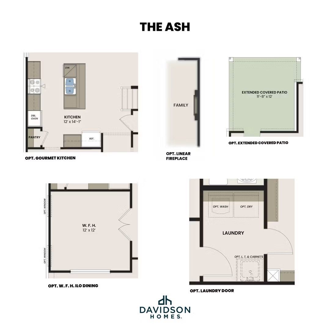 Optional floor plan layouts for The Ash by Davidson Homes, featuring gourmet kitchen, linear fireplace, and covered patio.