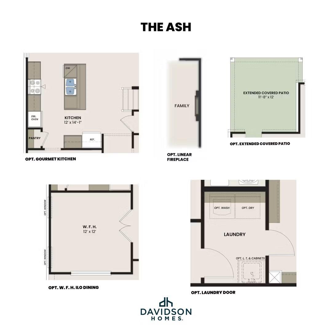 Optional floor plan layouts for The Ash by Davidson Homes, featuring gourmet kitchen, linear fireplace, and covered patio.