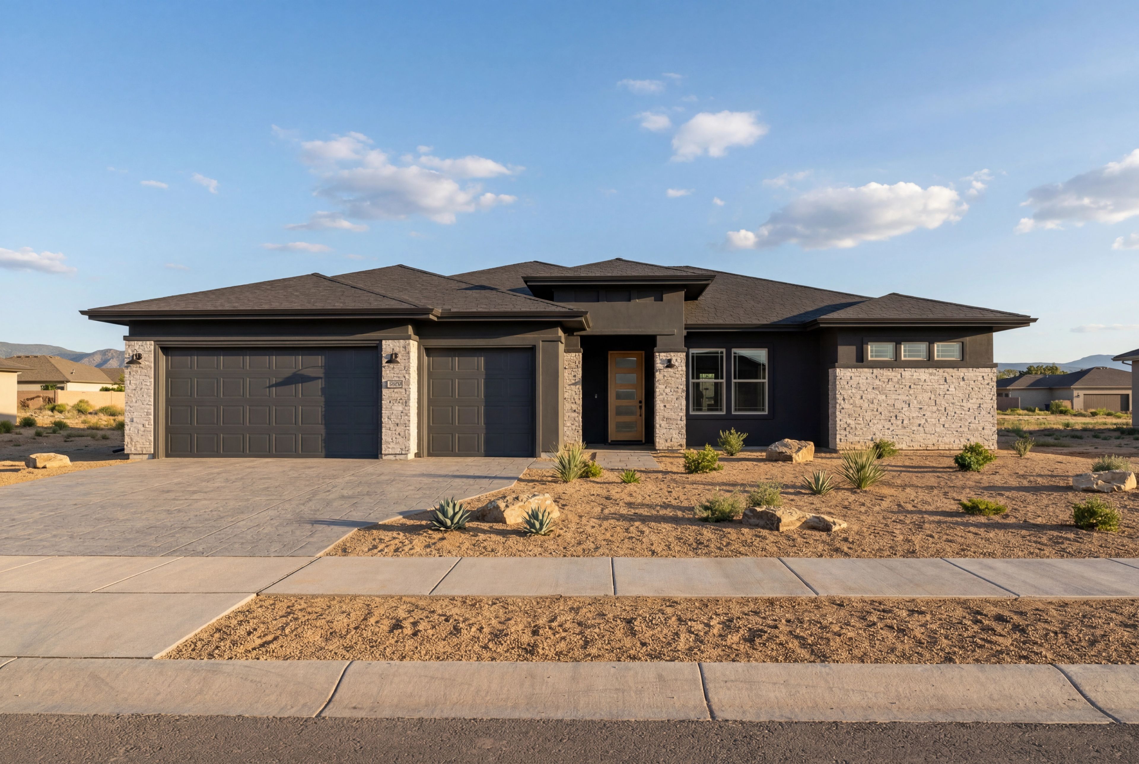 Modern single-story exterior of The Blaze in Prescott, Arizona featuring stone accents and a 3-car garage.