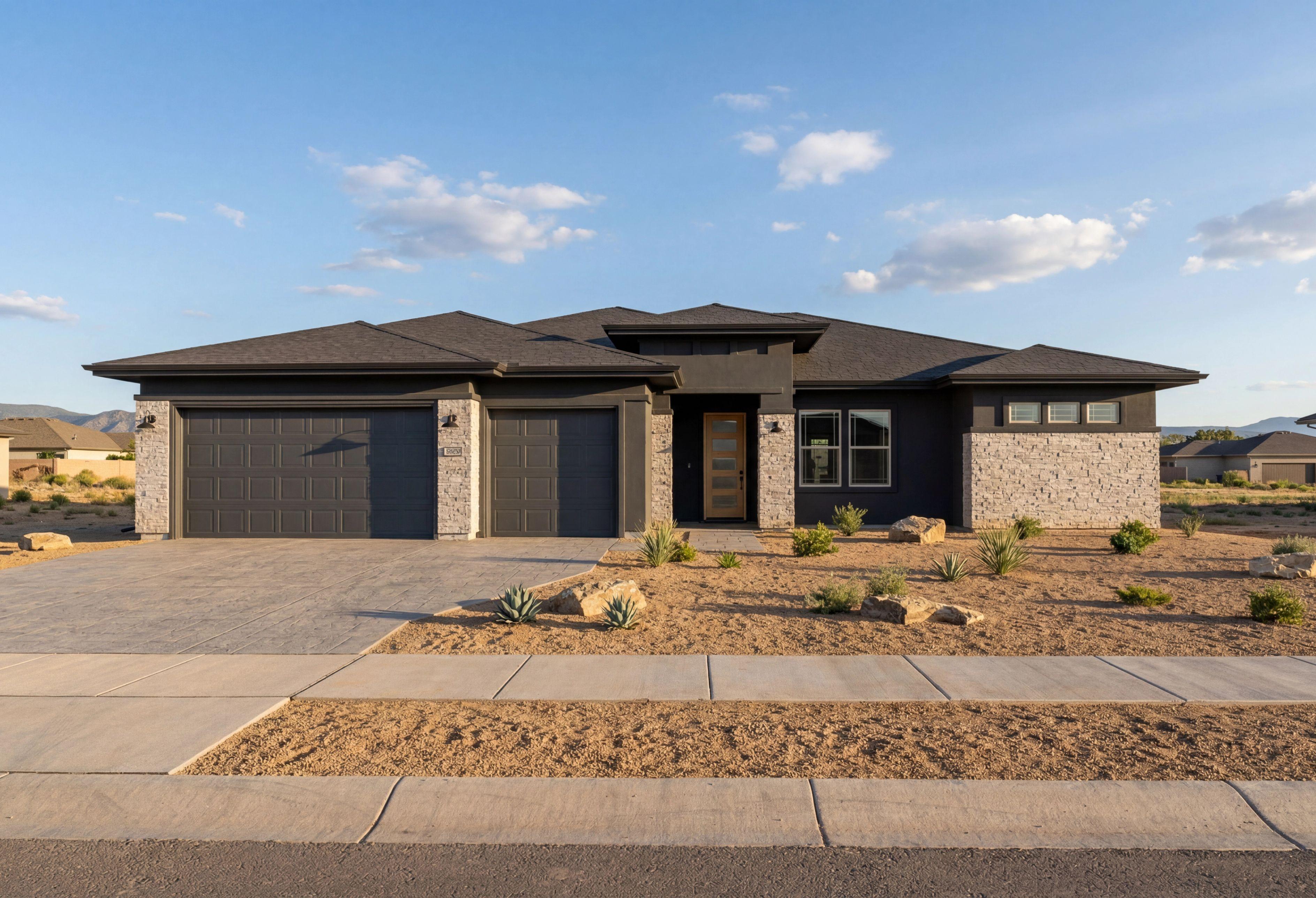 Modern single-story exterior of The Blaze in Prescott, Arizona featuring stone accents and a 3-car garage.