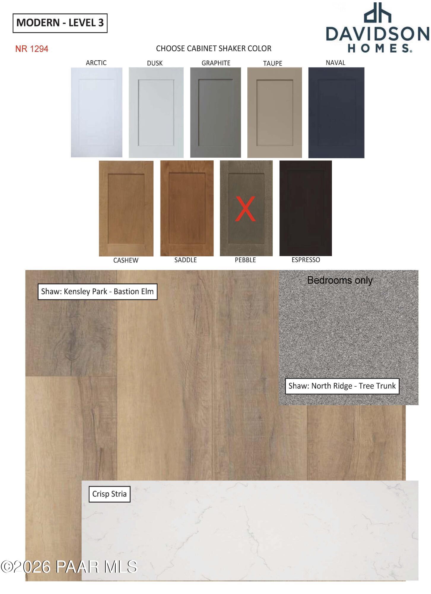 Modern shaker cabinet color options, wood flooring, and countertop samples for Davidson Homes at North Ridge, Prescott Valley.