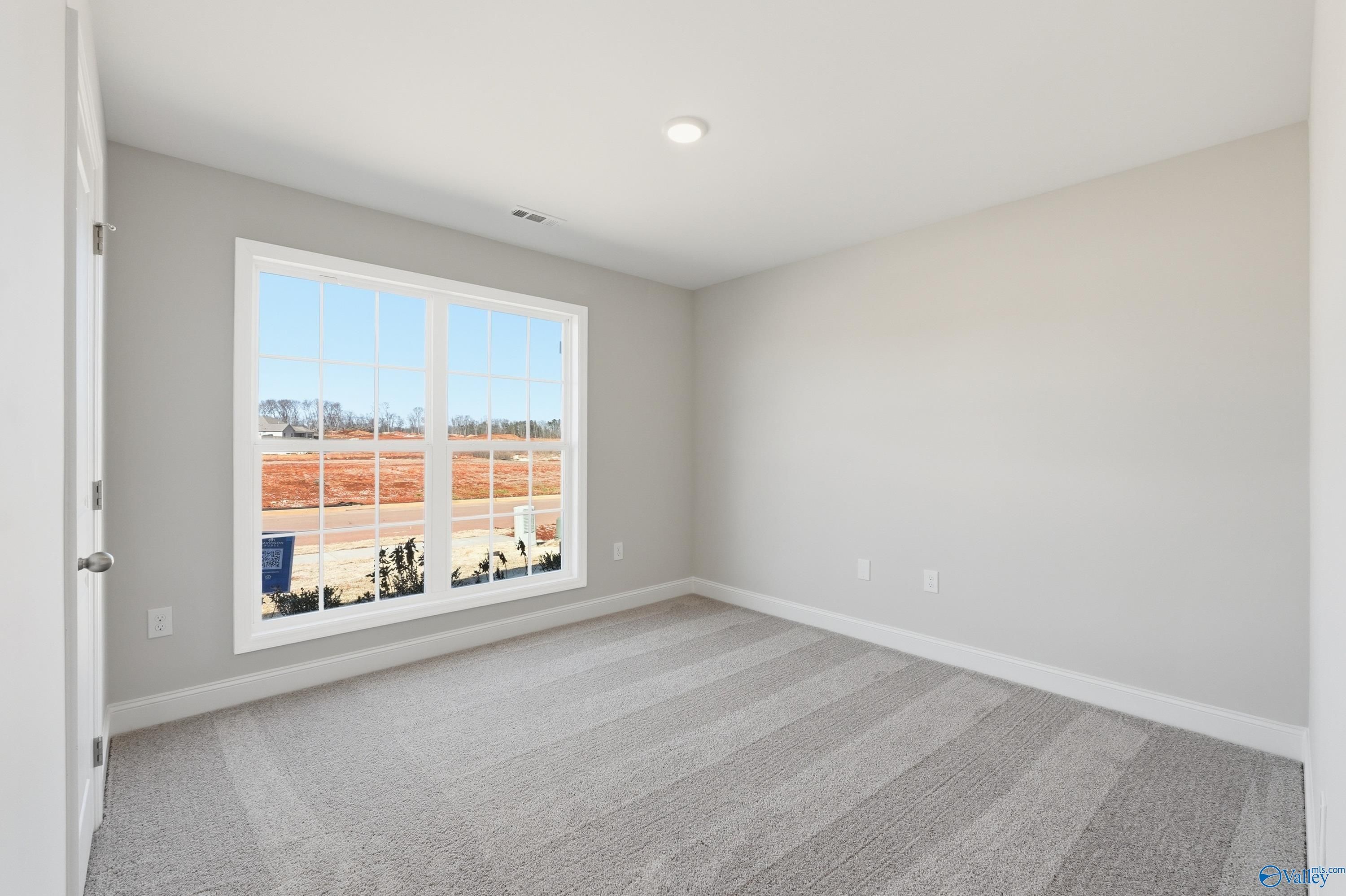 Empty bedroom with large window, neutral walls, and gray carpet in Davidson Homes The Franklin, New Market, Alabama