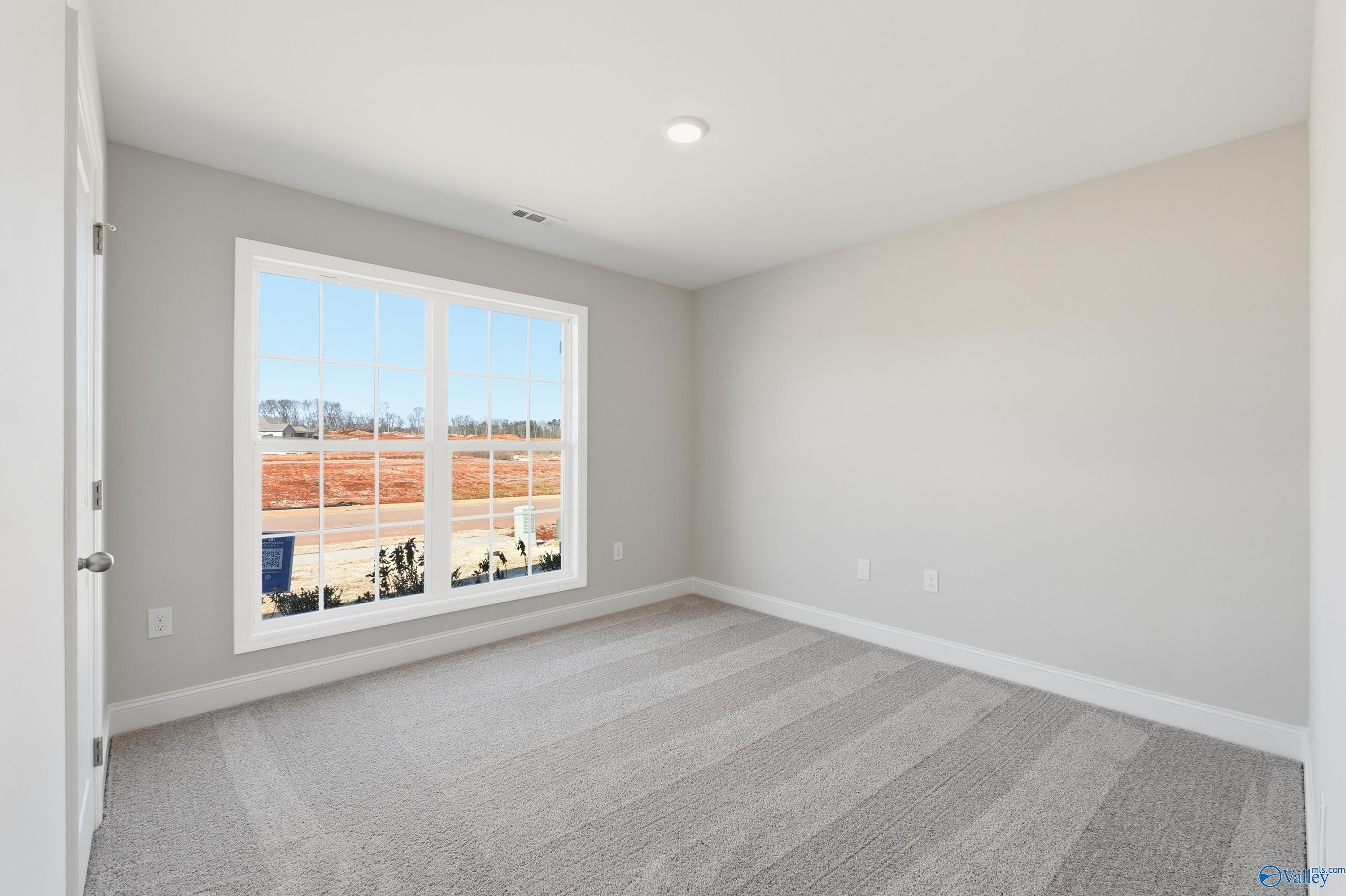 Empty bedroom with large window, neutral walls, and gray carpet in Davidson Homes The Franklin, New Market, Alabama