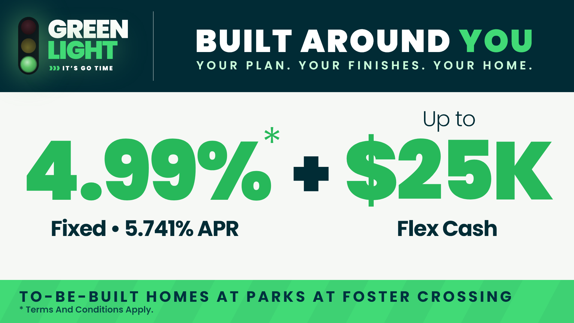 New home construction promotion in Dallas featuring a 4.99% rate lock and $25,000 flex cash incentive.