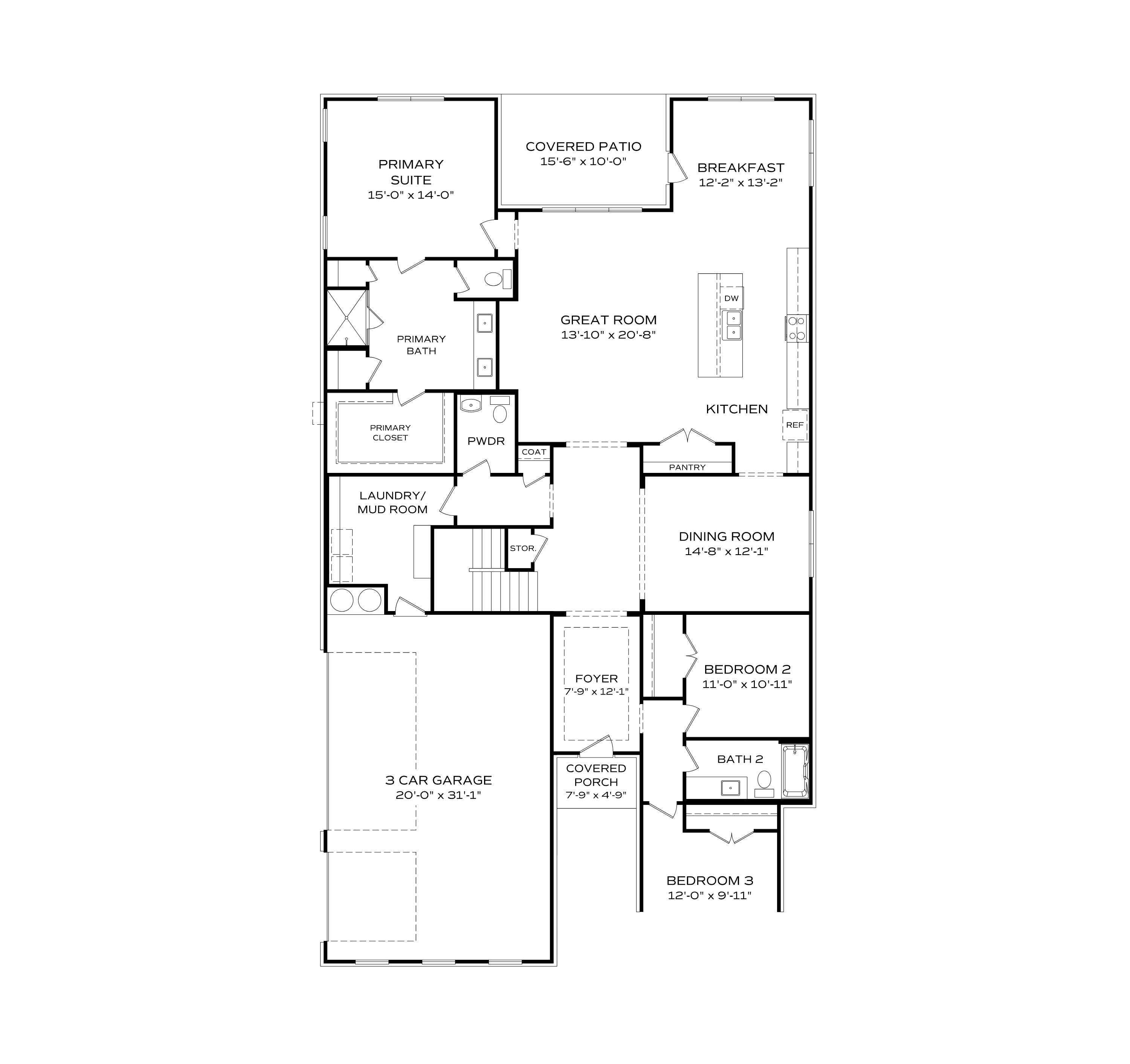 First floor plan of The Oxford 5-bedroom home showcasing master suite, open great room, kitchen, dining, and 3-car garage
