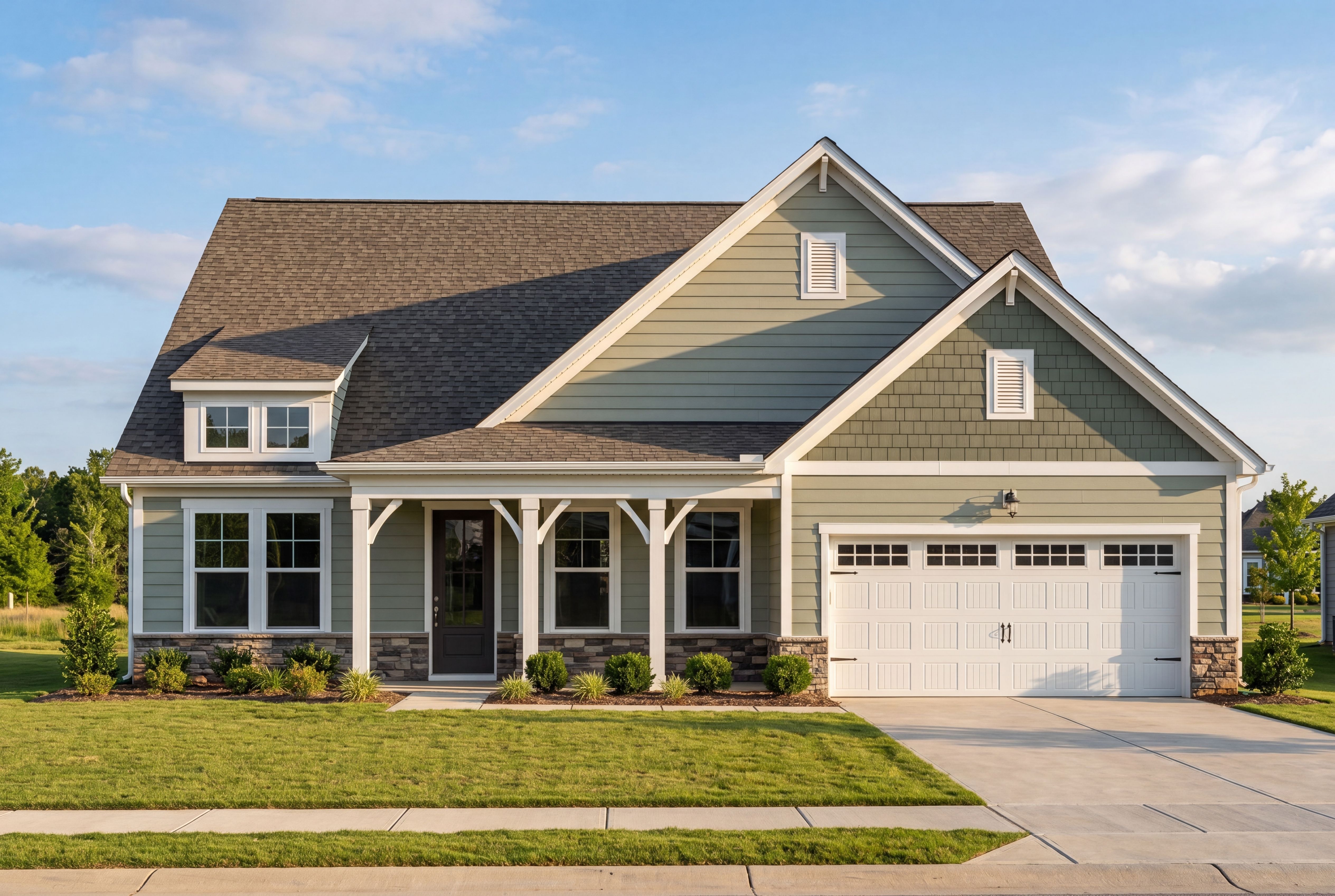 The Magnolia II D elevation showcasing a 1-story single-family home with brick and vinyl siding in Mooresville, NC.
