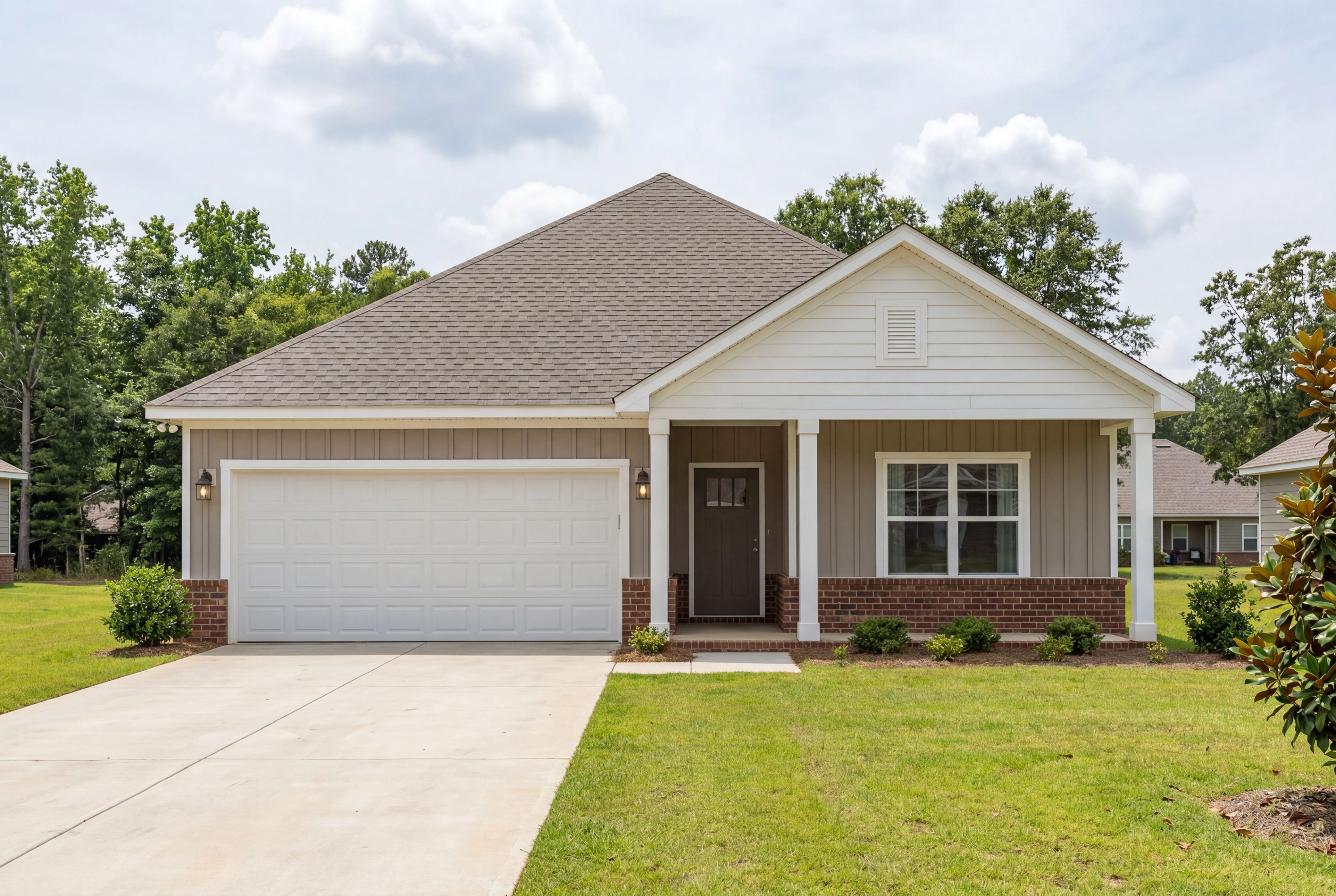 Front exterior of The Daphne F single-family home featuring a 2-car garage and classic brick and siding design.