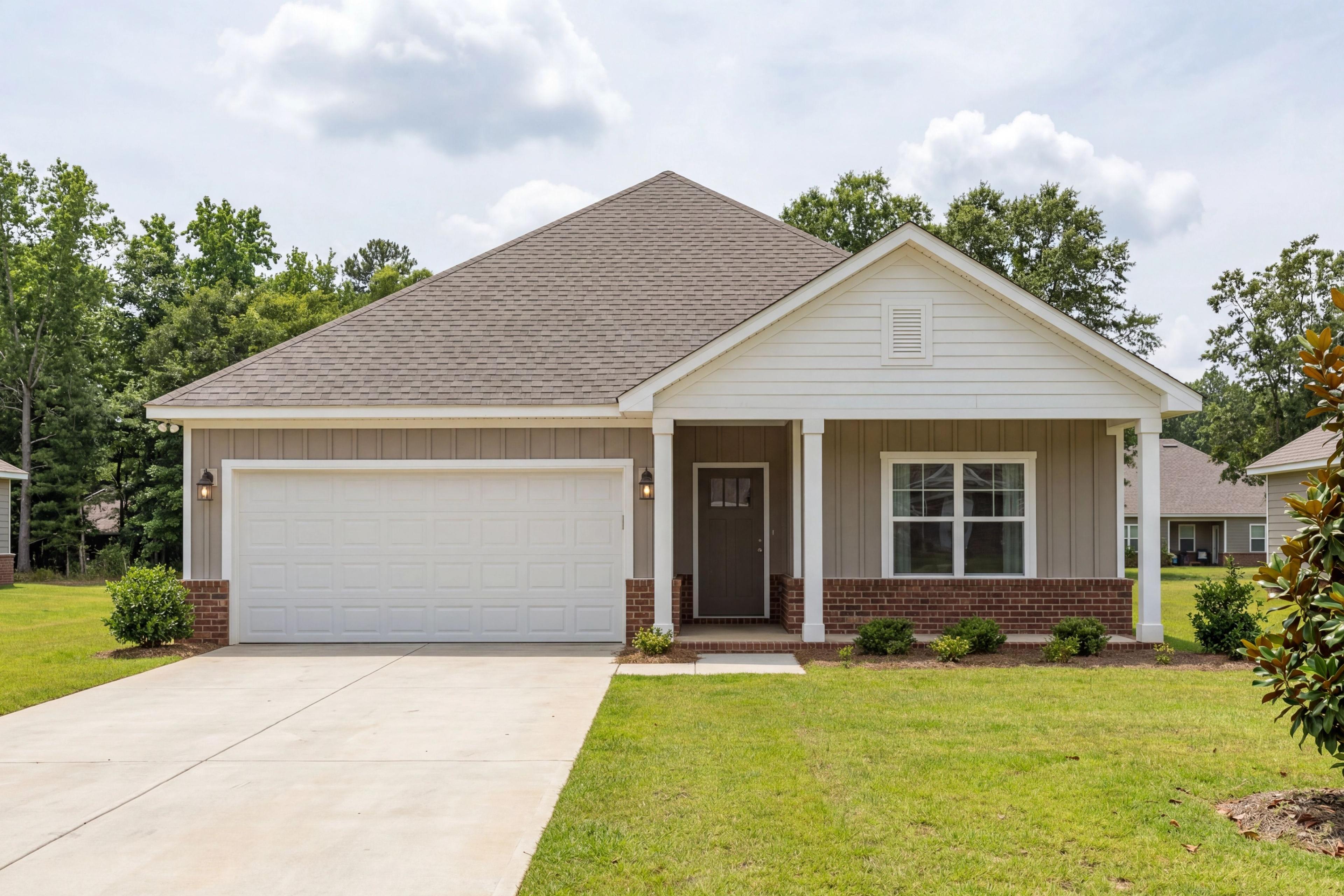 Front exterior of The Daphne F single-family home featuring a 2-car garage and classic brick and siding design.