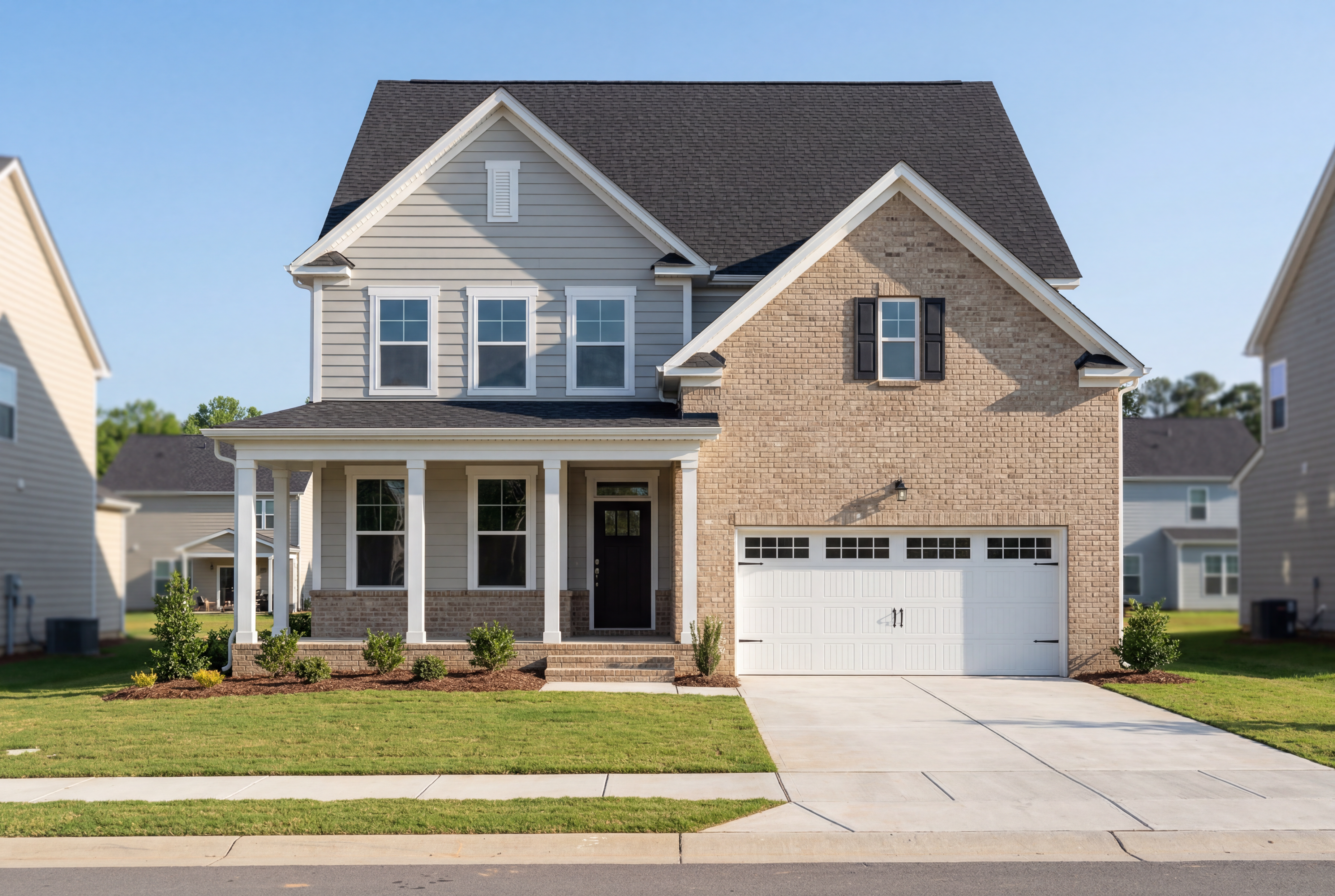 Two-story Hickory II home by Davidson Homes with brick and vinyl exterior, covered front porch, and two-car garage in Holly Springs