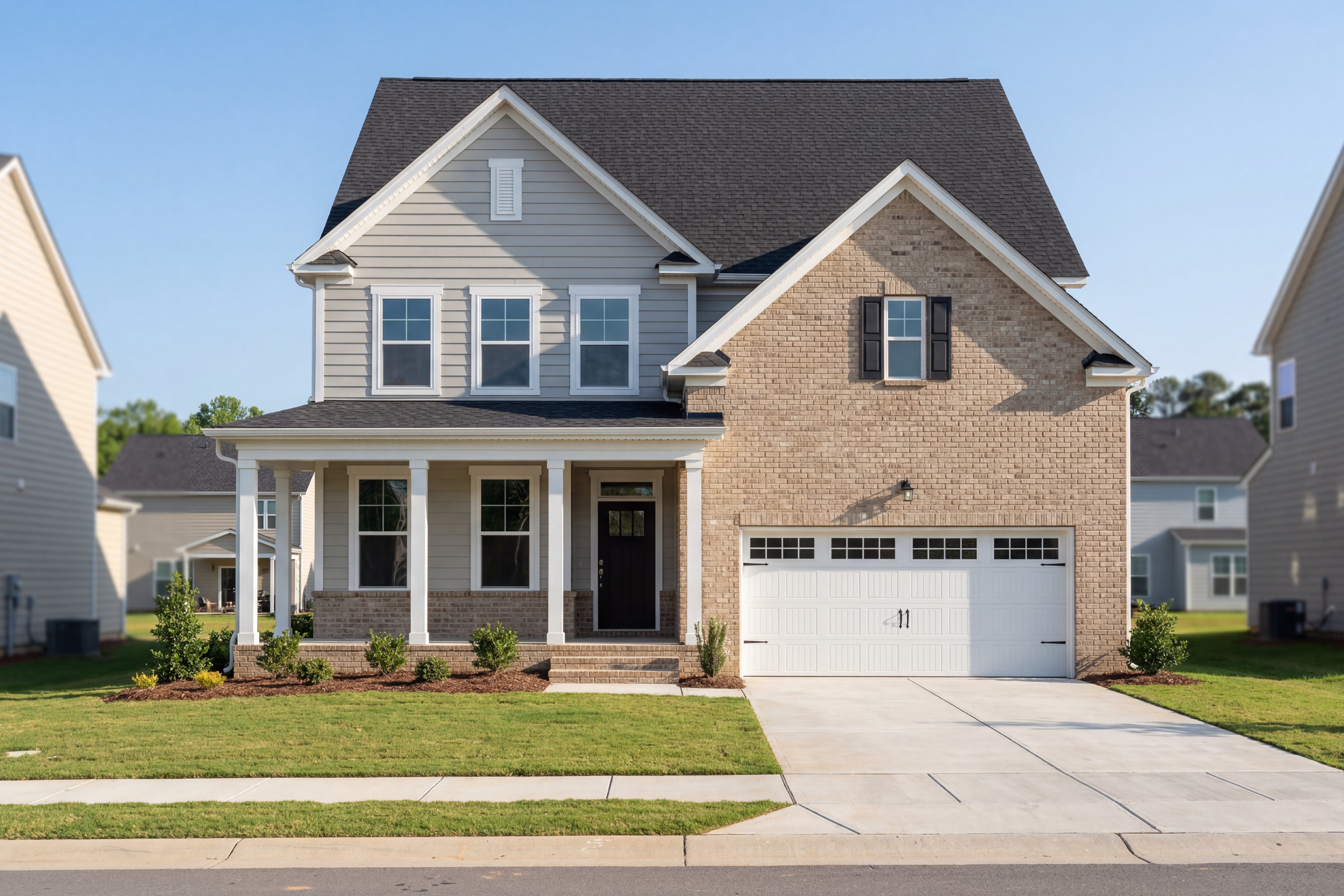 Two-story Hickory II home by Davidson Homes with brick and vinyl exterior, covered front porch, and two-car garage in Holly Springs