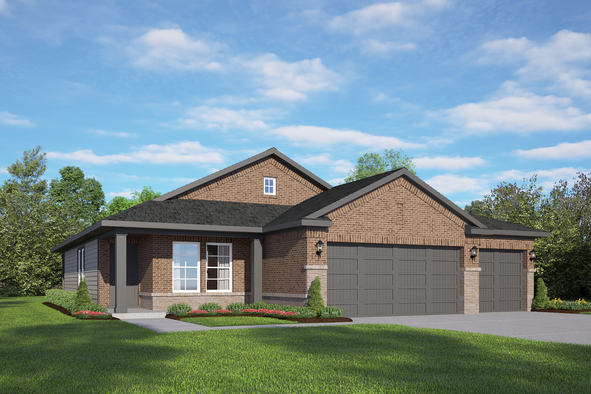 Modern brick front elevation of The Costa C 3-car garage home with covered porch and landscaped yard in Dayton Texas