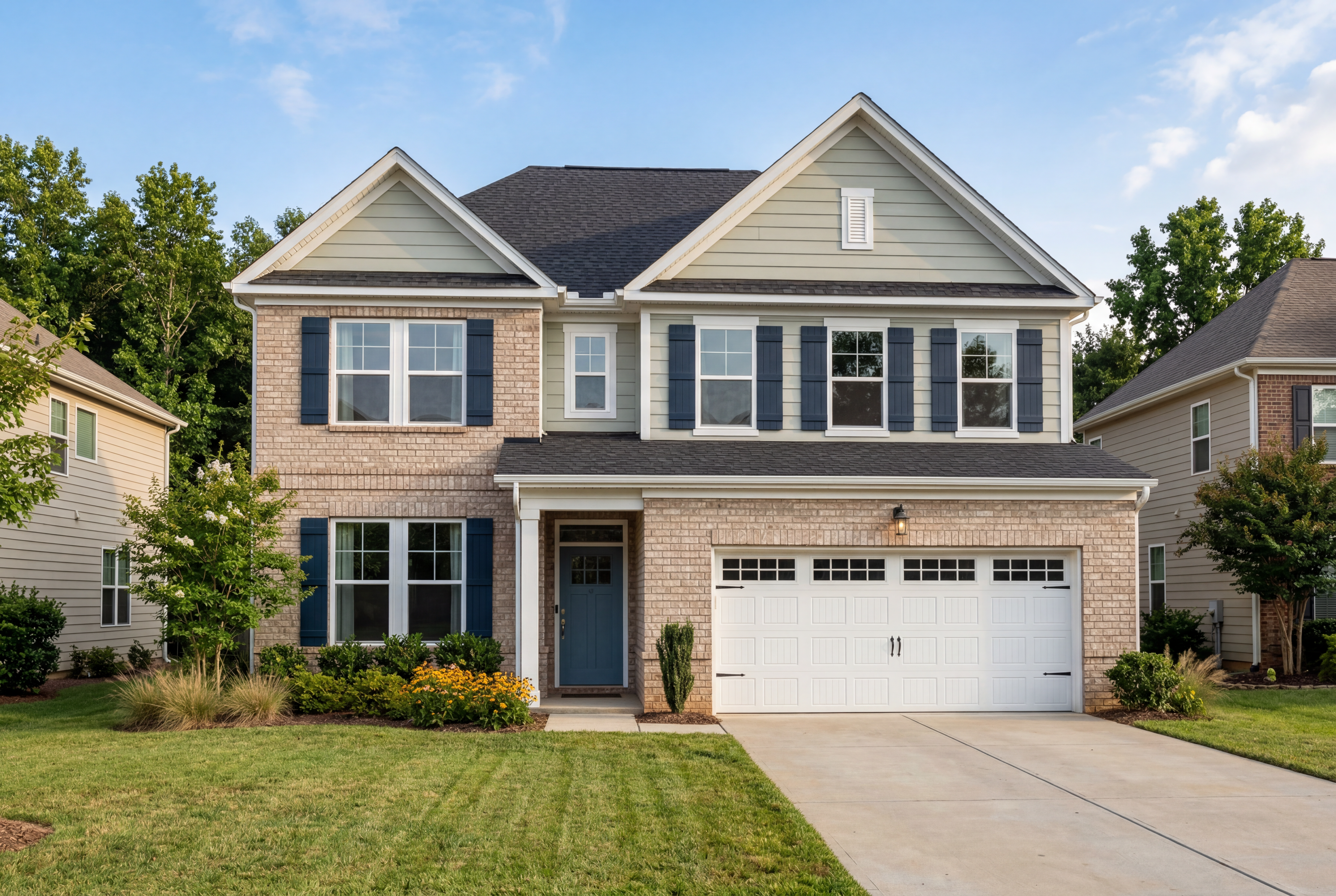 Two-story Willow C home elevation with brick accents, beige siding, black shutters, two-car garage, and lush front yard landscaping