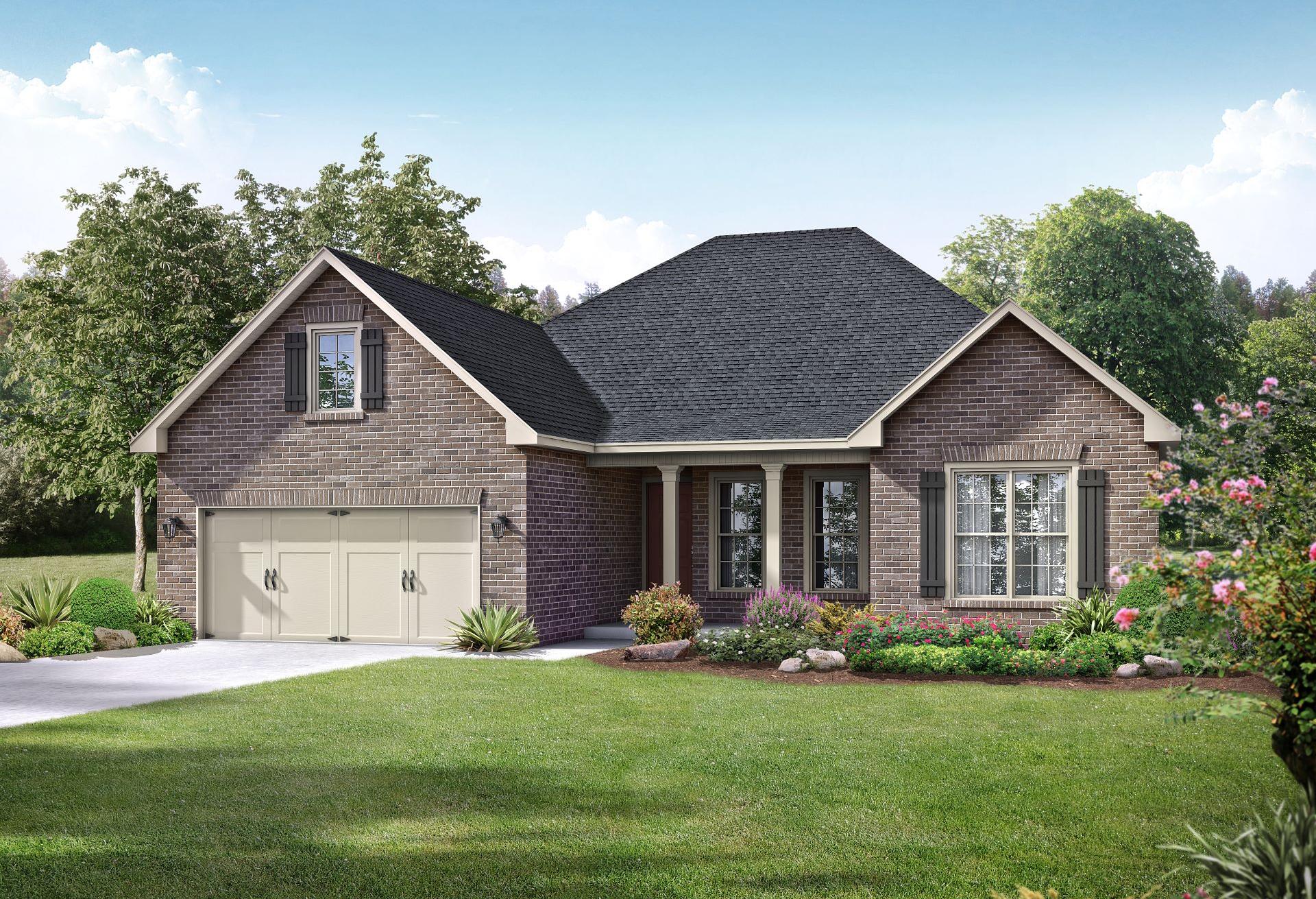Charming brick exterior of The Rockford 1-story home by Davidson Homes, featuring two-car garage, gabled roof, and landscaped yard in Meridianville, AL