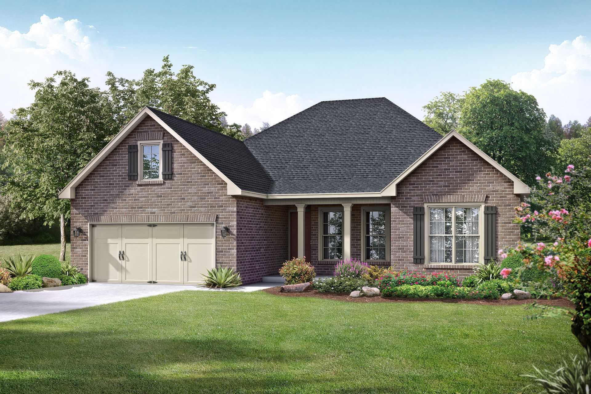 Charming brick exterior of The Rockford 1-story home by Davidson Homes, featuring two-car garage, gabled roof, and landscaped yard in Meridianville, AL
