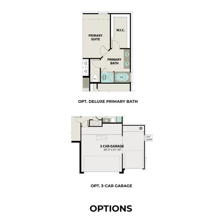 Primary suite floor plan with deluxe bath option featuring tub, shower, and 3-car garage upgrade in Davidson Homes Costa A, Beasley, TX