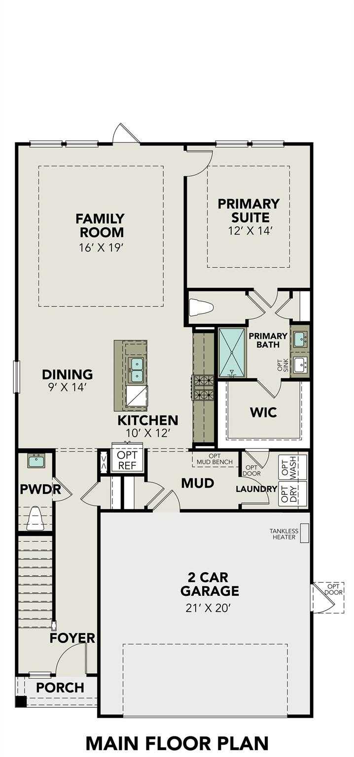 Main floor plan of The Blanco E: family room, kitchen, dining, primary suite, laundry, and 2-car garage in Davidson Homes Magnolia TX