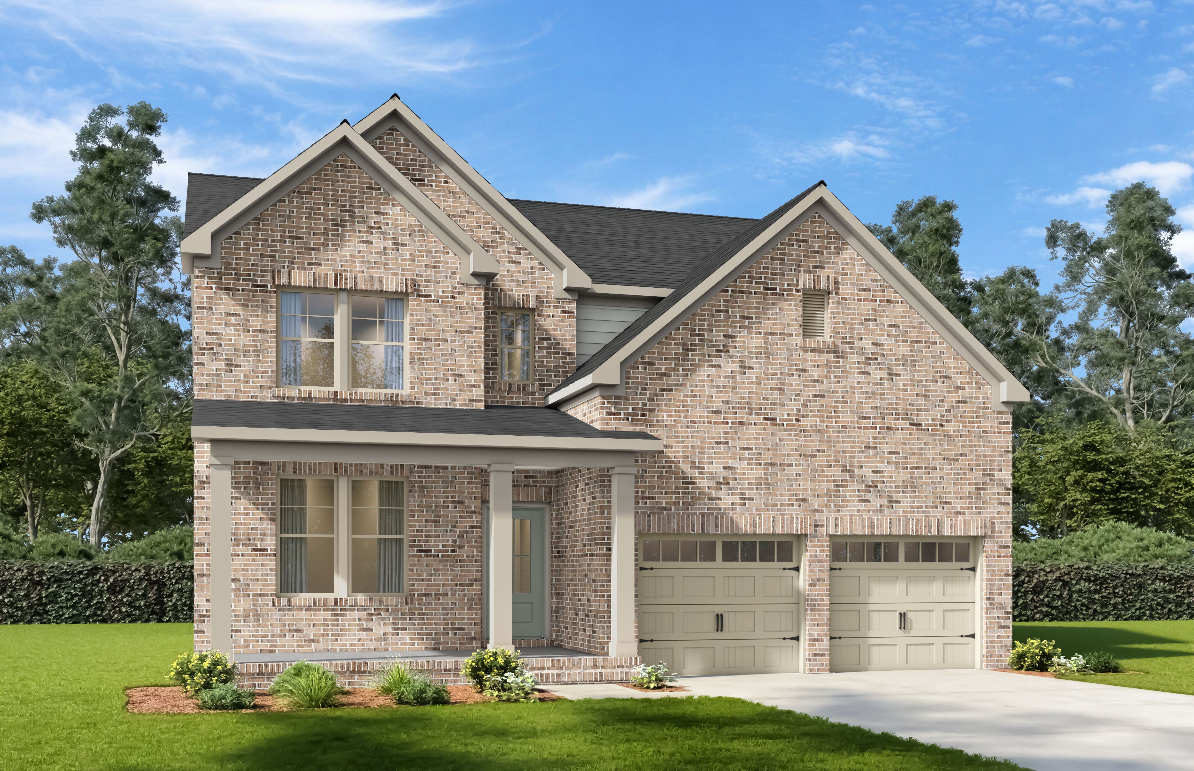 Two-story brick exterior of The Henry B-BF by Davidson Homes featuring a 2-car garage in Mt. Juliet, Tennessee.