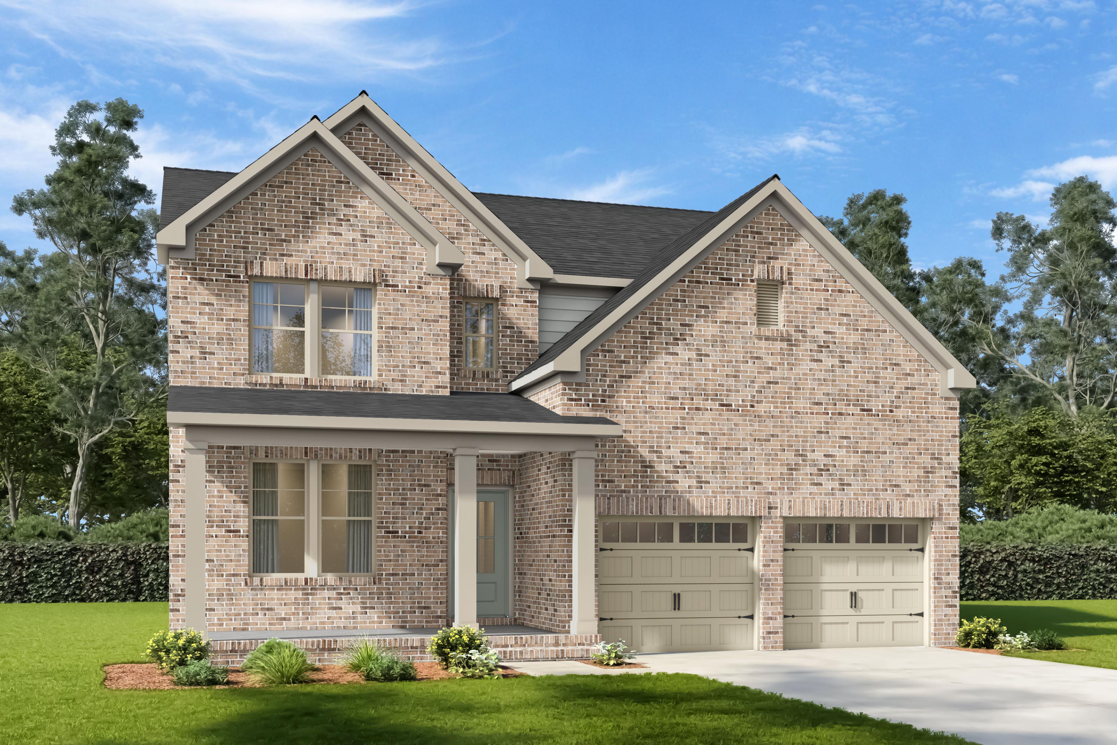 Two-story brick exterior of The Henry B-BF by Davidson Homes featuring a 2-car garage in Mt. Juliet, Tennessee.