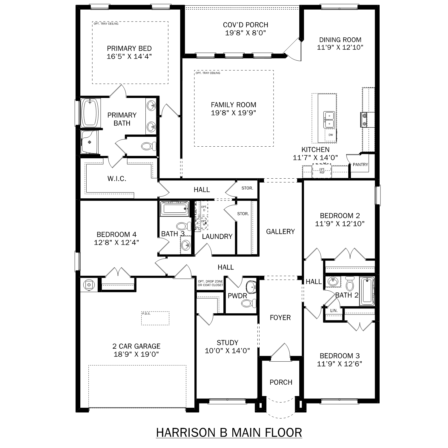 One-story floor plan of The Harrison B with 4-5 bedrooms, open kitchen-family room, master suite, 2-car garage
