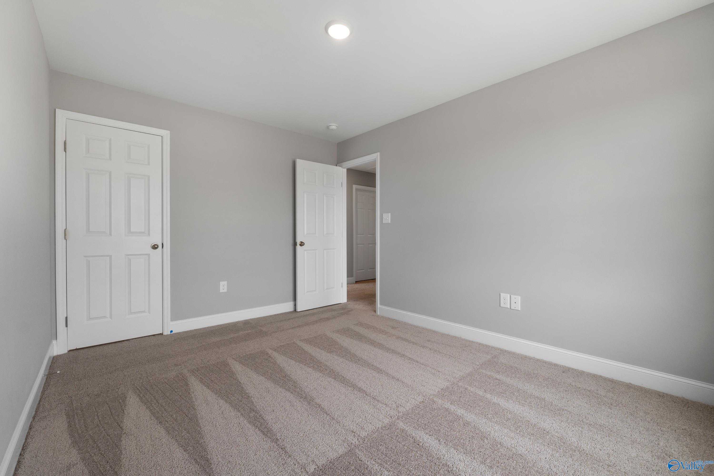Bright secondary bedroom with light gray walls, white paneled doors, and plush patterned carpet in Davidson Homes The Aiken, Meridianville