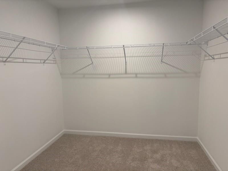 Spacious walk-in closet with wire shelving and carpeted floor in Davidson Homes The Marion A, Winder, Georgia